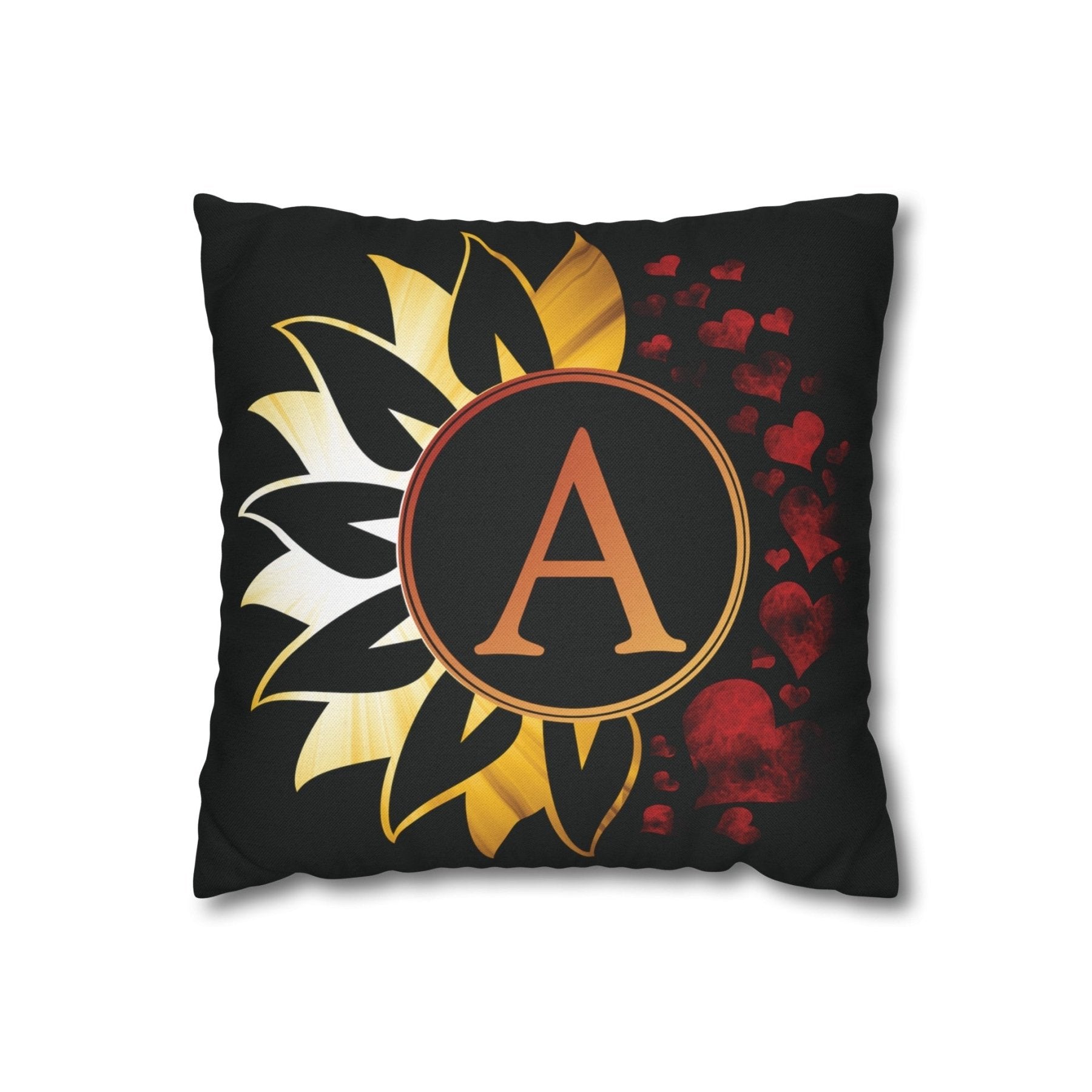 Sunflower & Hearts Monogram Throw Pillow Cover, Throw Pillow Case, Black Case, Qty 1, (Sunray-A) - Janlyn's Crafts