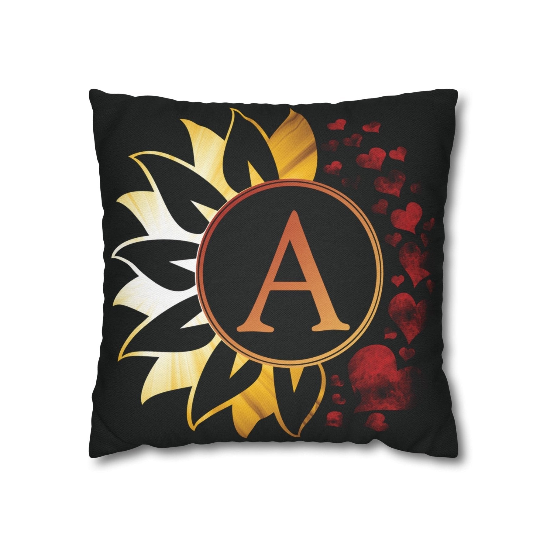 Sunflower & Hearts Monogram Throw Pillow Cover, Throw Pillow Case, Black Case, Qty 1, (Sunray-A) - Janlyn's Crafts