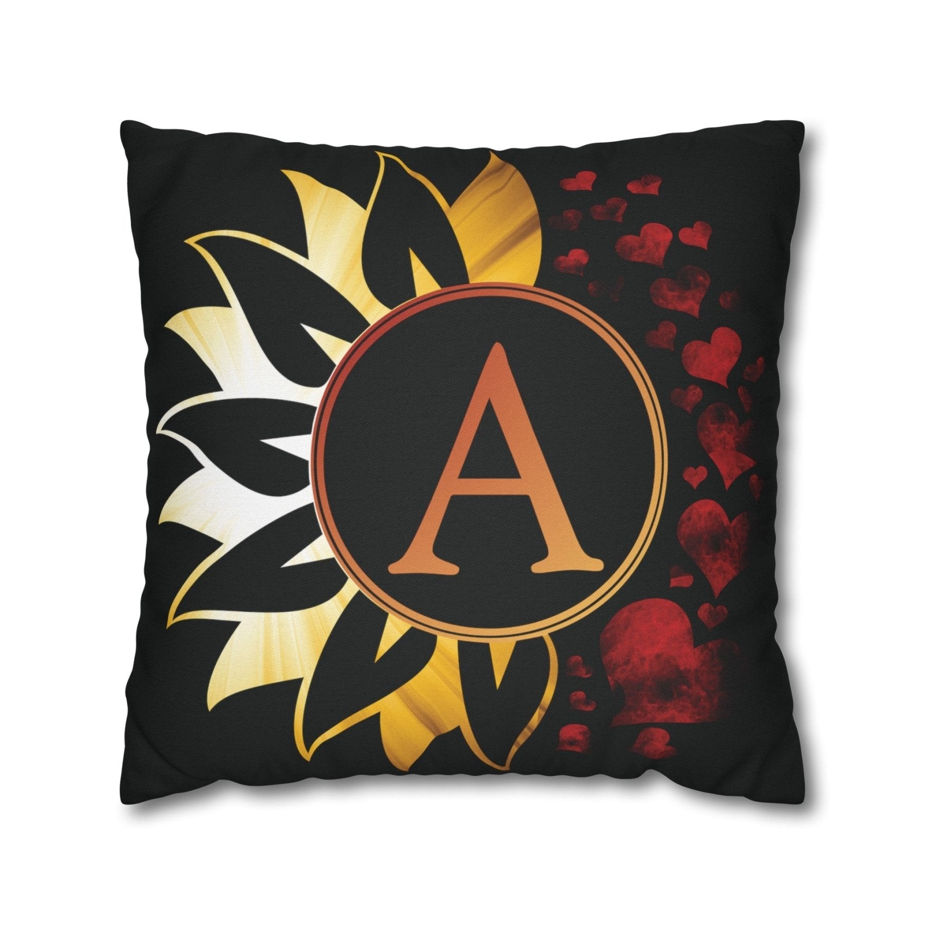 Sunflower & Hearts Monogram Throw Pillow Cover, Throw Pillow Case, Black Case, Qty 1, (Sunray-A) - Janlyn's Crafts