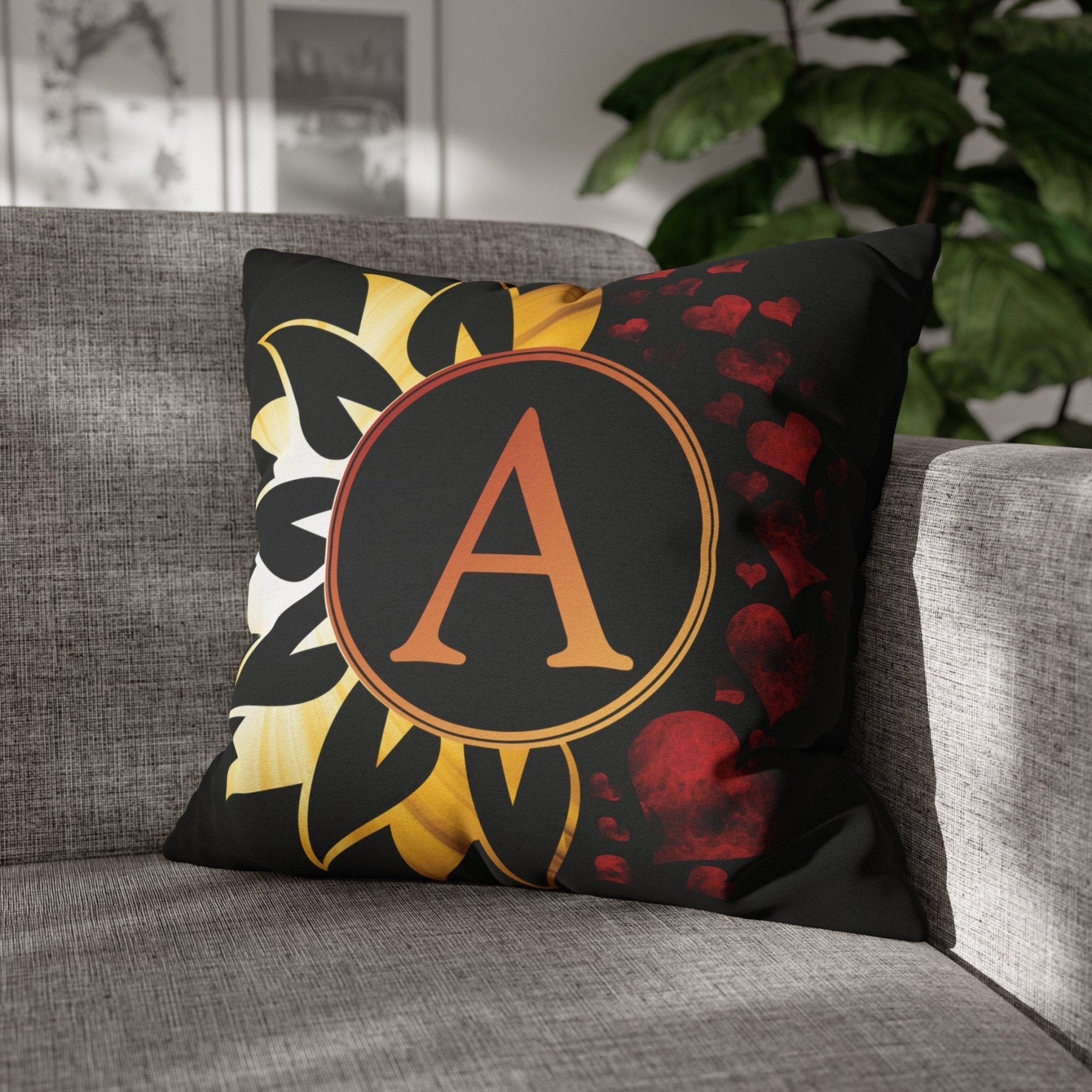 Sunflower & Hearts Monogram Throw Pillow Cover, Throw Pillow Case, Black Case, Qty 1, (Sunray-A) - Janlyn's Crafts