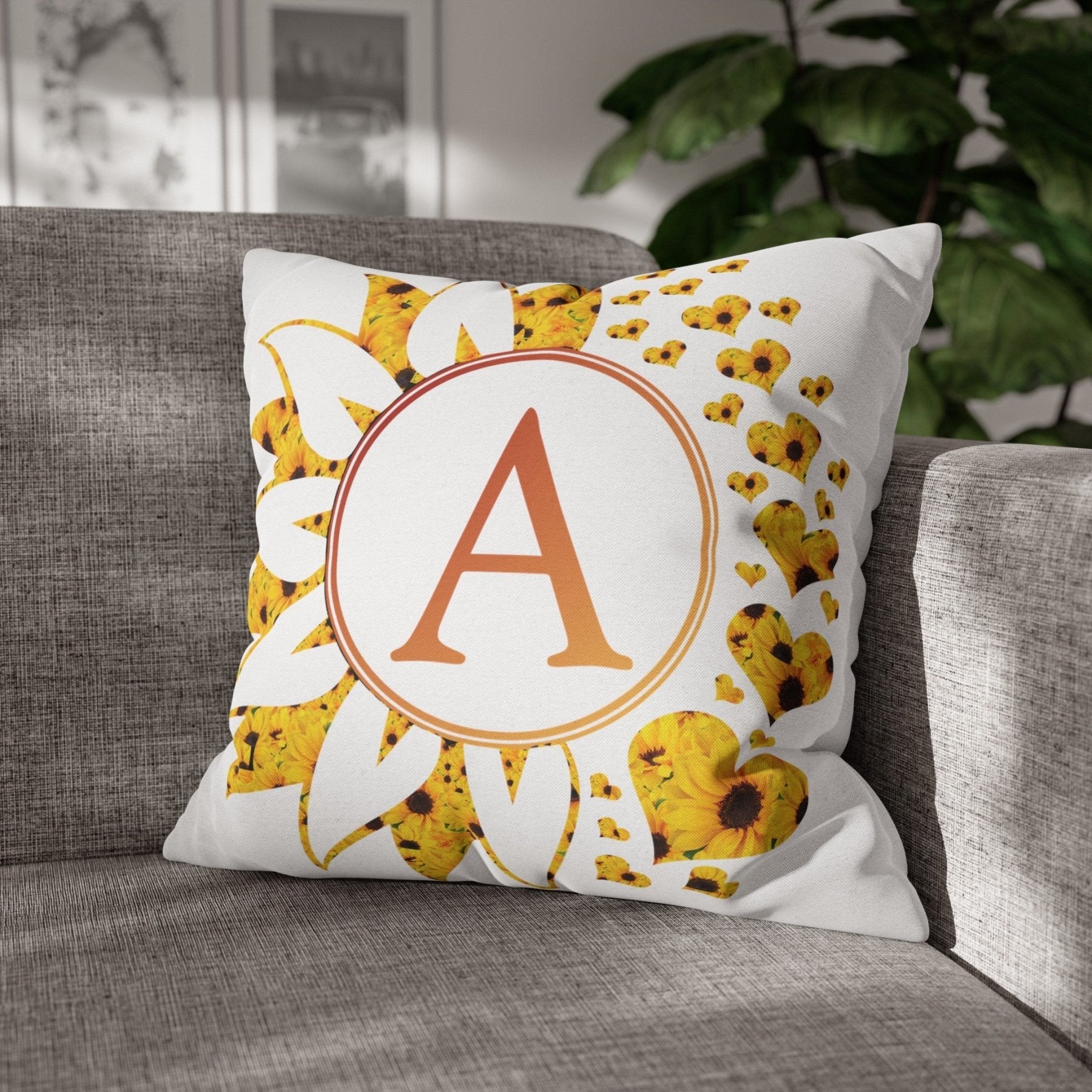 Sunflower & Hearts Monogram Throw Pillow Cover, Throw Pillow Case, Qty 1, (Sunflower-A) - Janlyn's Crafts