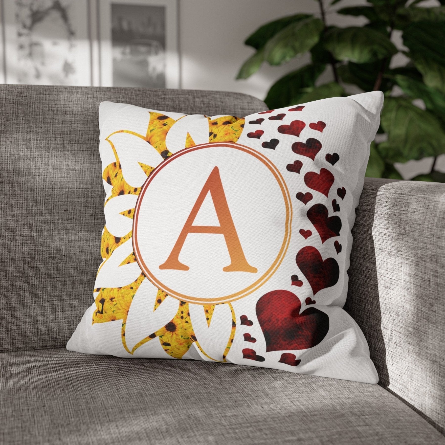 Sunflower & Hearts Monogram Throw Pillow Cover, Throw Pillow Case, Qty 1, (Sunflower&Hearts-A) - Janlyn's Crafts