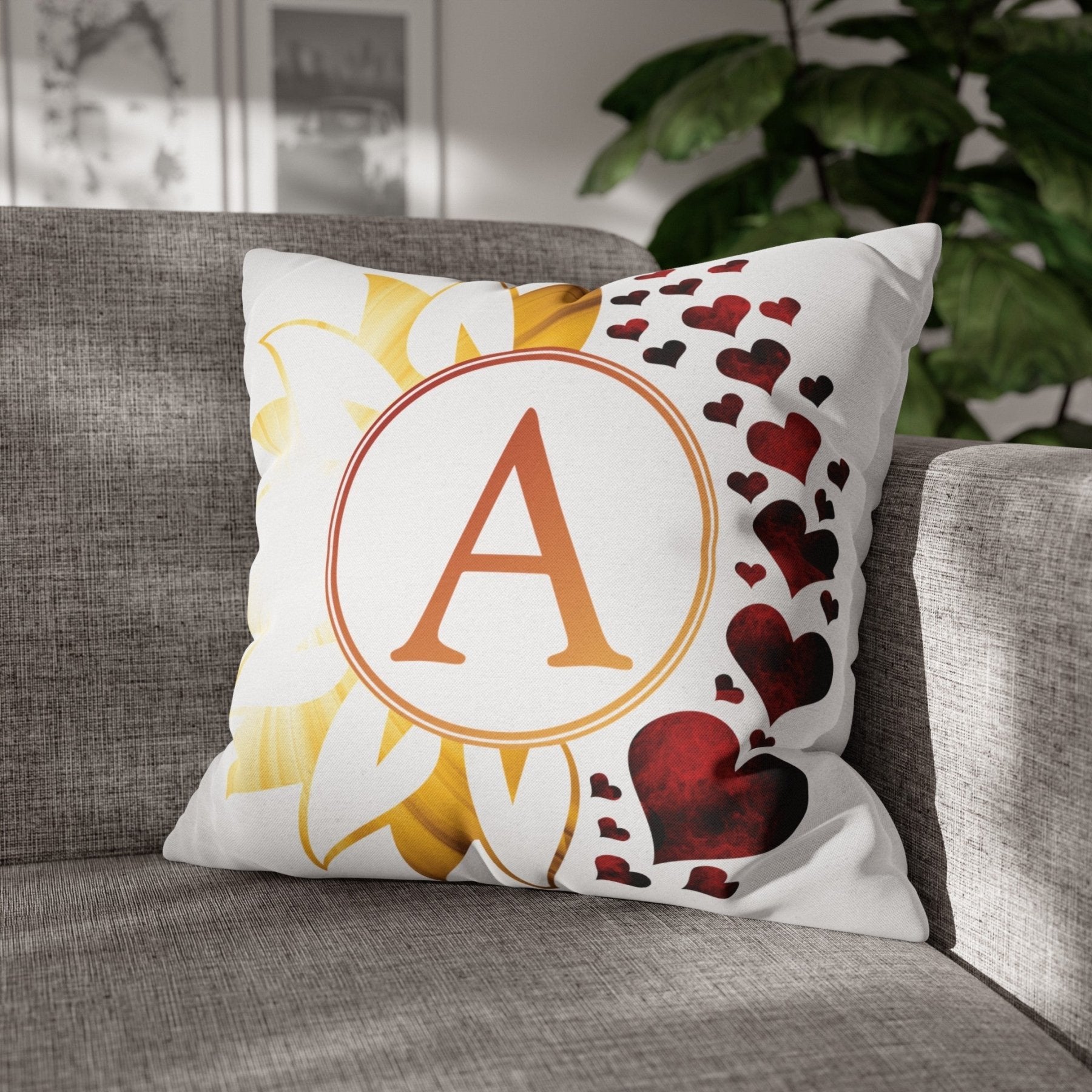 Sunflower & Hearts Monogram Throw Pillow Cover, Throw Pillow Case, Qty 1, (Sunray-A) - Janlyn's Crafts