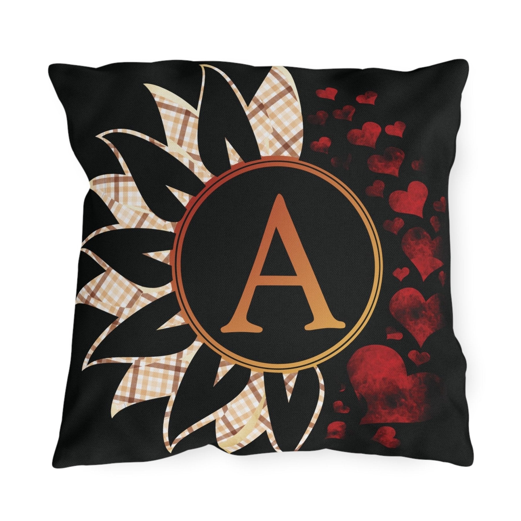 Sunflower & Hearts Outdoor Pillow, Monogram, Black Pillow, Qty 1 (Plaid-A) - Janlyn's Crafts