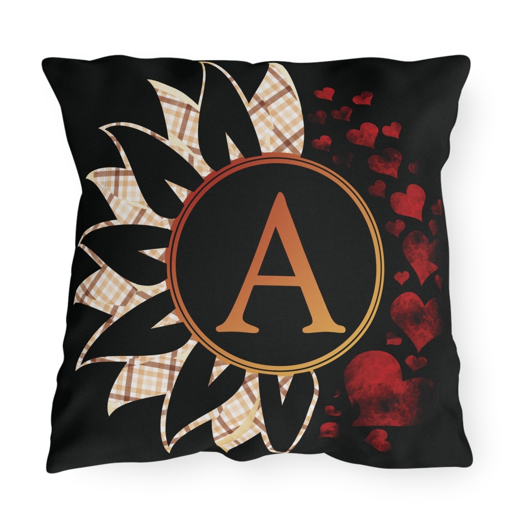 Sunflower & Hearts Outdoor Pillow, Monogram, Black Pillow, Qty 1 (Plaid-A) - Janlyn's Crafts