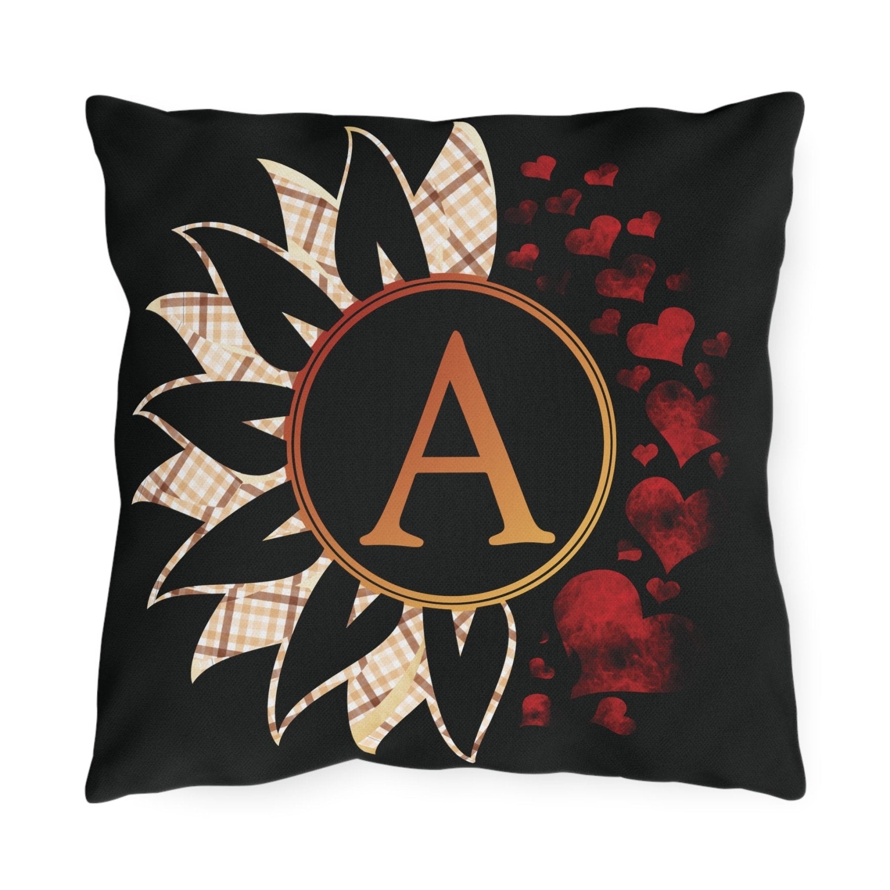 Sunflower & Hearts Outdoor Pillow, Monogram, Black Pillow, Qty 1 (Plaid-A) - Janlyn's Crafts