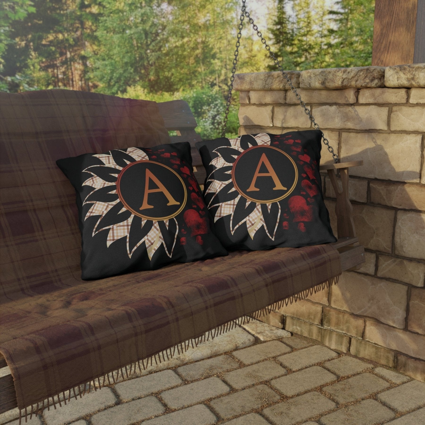 Sunflower & Hearts Outdoor Pillow, Monogram, Black Pillow, Qty 1 (Plaid-A) - Janlyn's Crafts