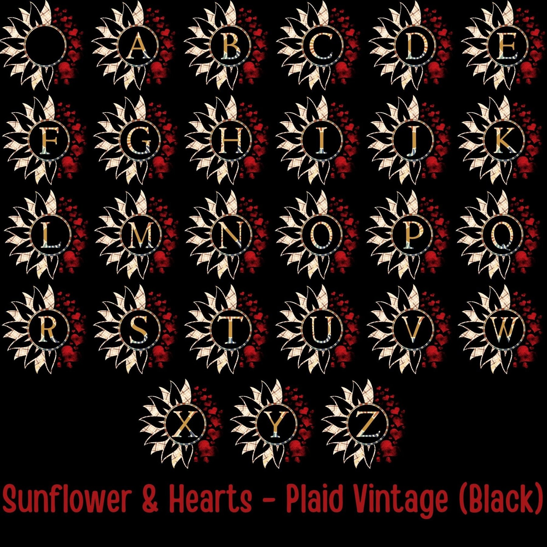 Sunflower & Hearts Outdoor Pillow, Monogram, Black Pillow, Qty 1 (Plaid Vintage) - Janlyn's Crafts