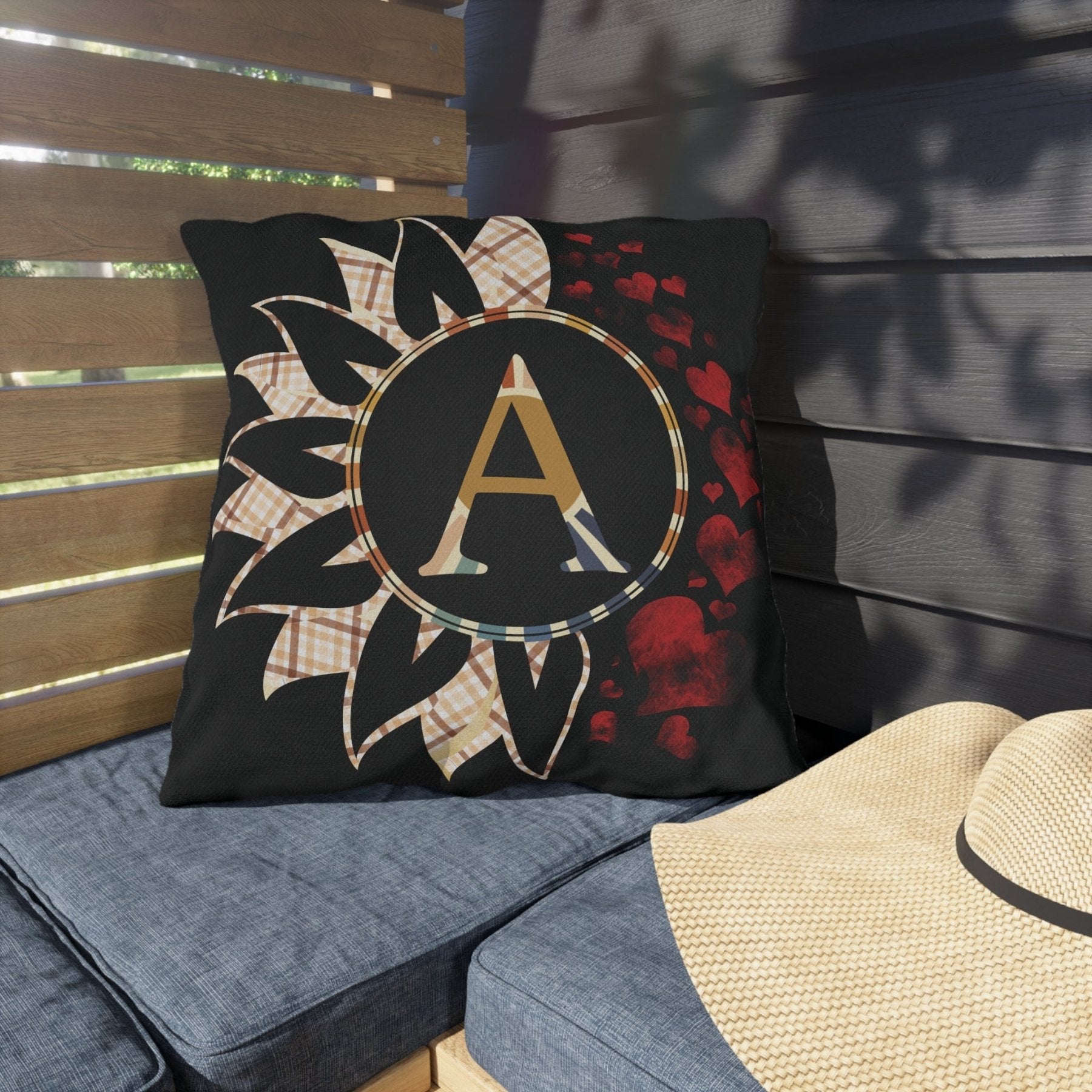 Sunflower & Hearts Outdoor Pillow, Monogram, Black Pillow, Qty 1 (Plaid Vintage-A) - Janlyn's Crafts