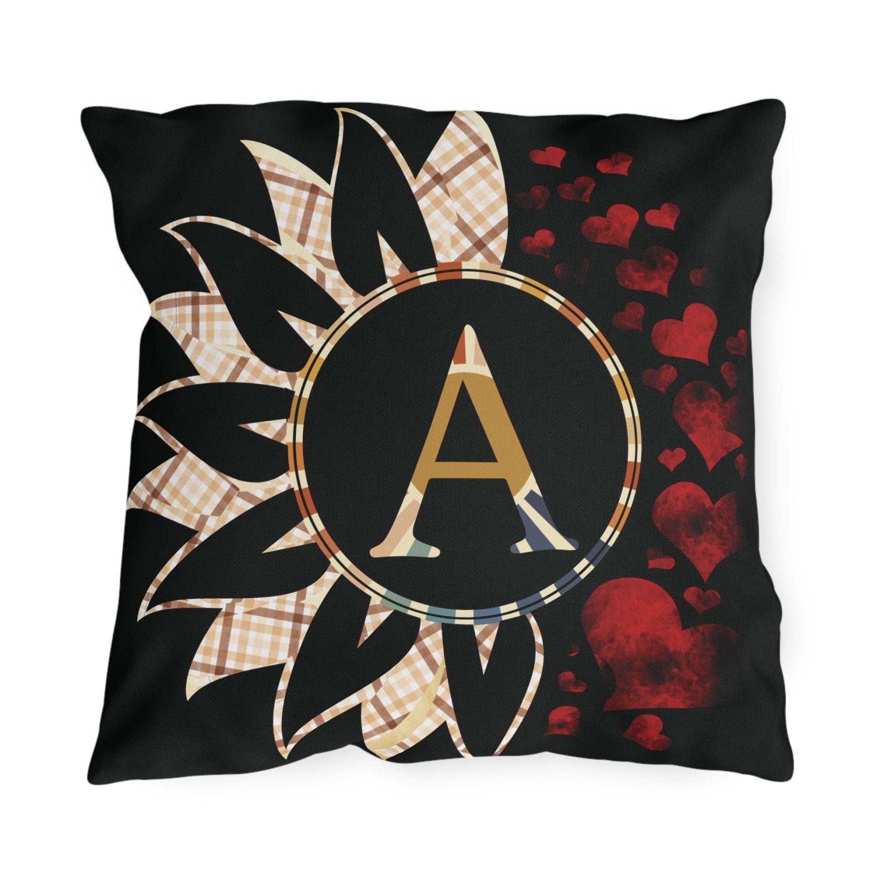 Sunflower & Hearts Outdoor Pillow, Monogram, Black Pillow, Qty 1 (Plaid Vintage-A) - Janlyn's Crafts
