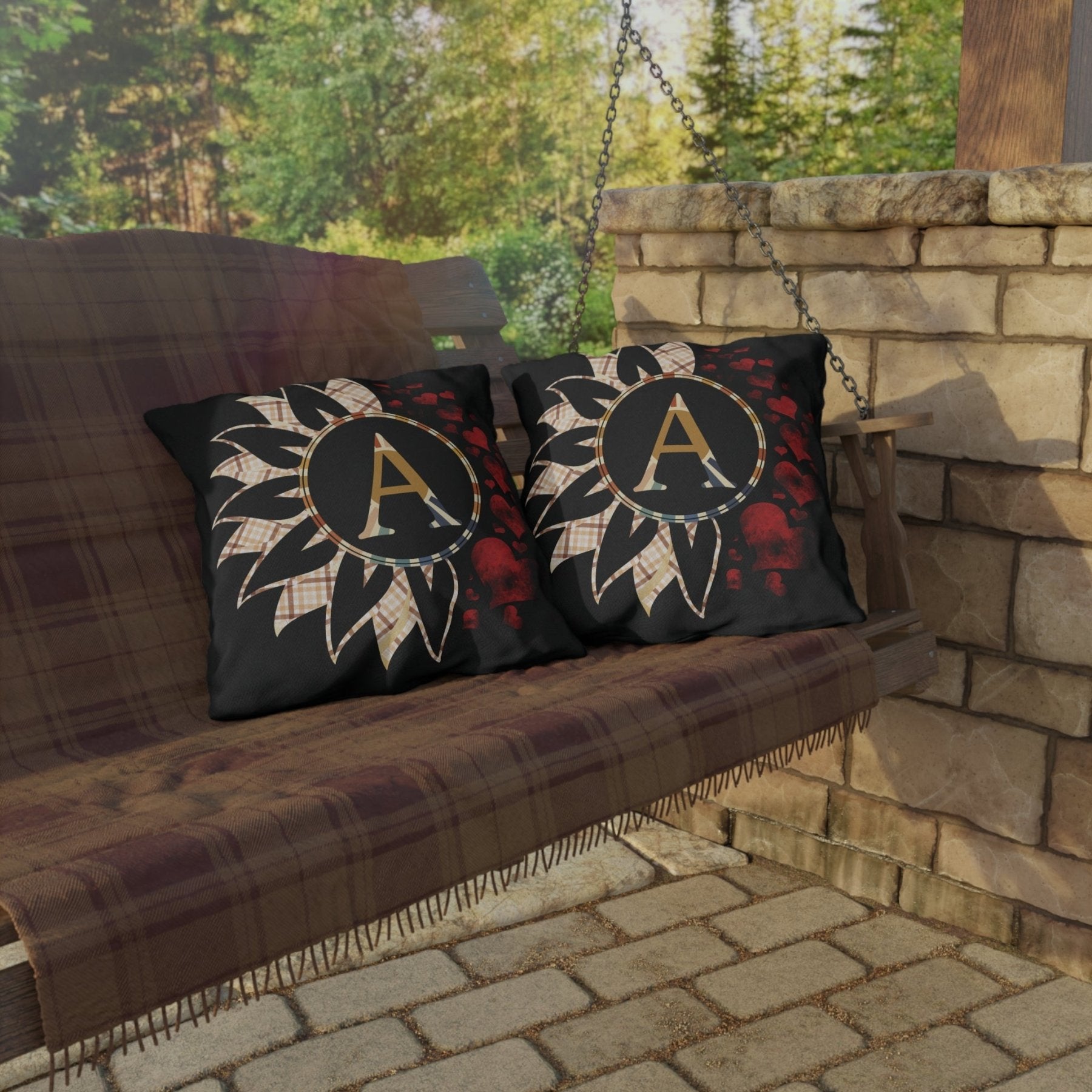 Sunflower & Hearts Outdoor Pillow, Monogram, Black Pillow, Qty 1 (Plaid Vintage-A) - Janlyn's Crafts