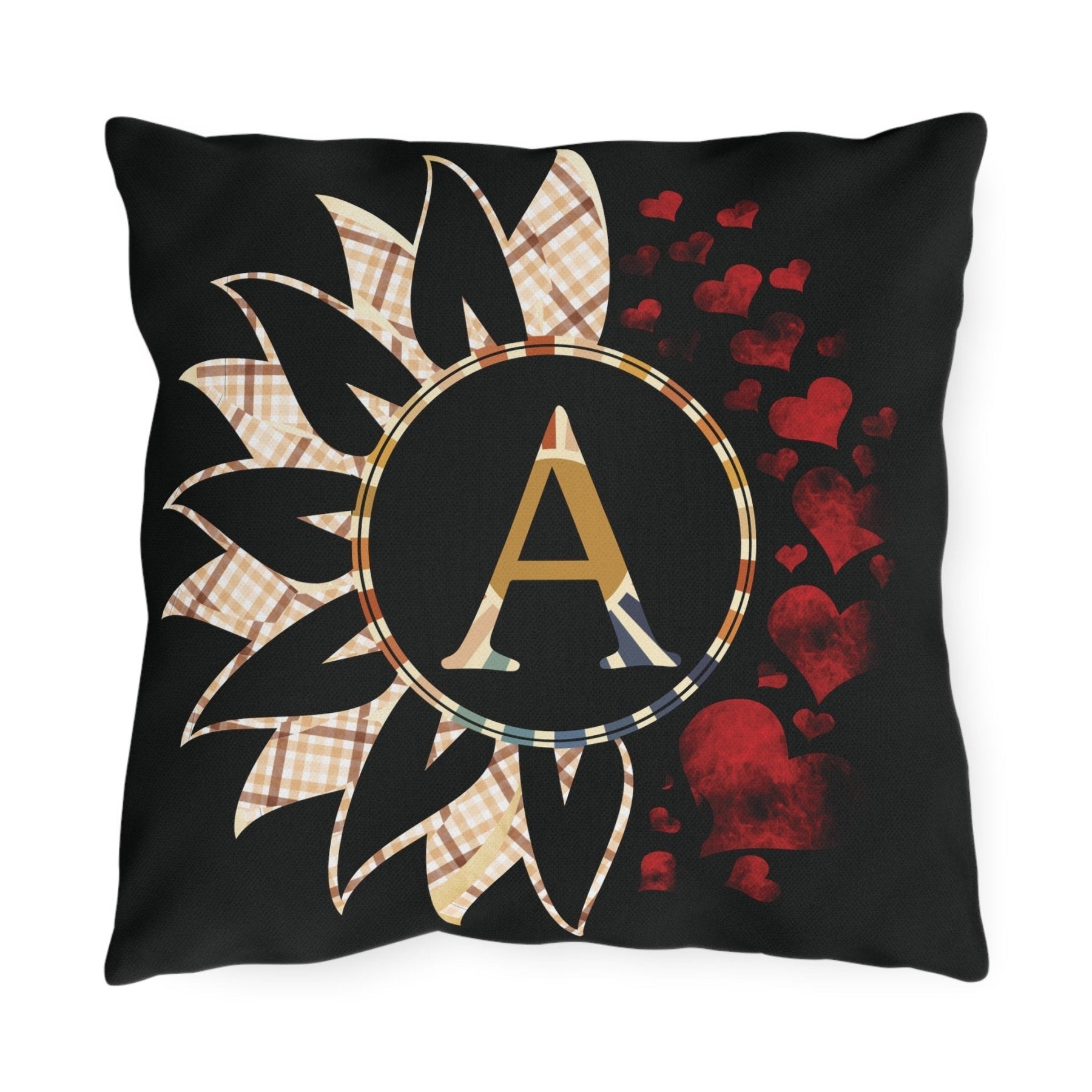 Sunflower & Hearts Outdoor Pillow, Monogram, Black Pillow, Qty 1 (Plaid Vintage-A) - Janlyn's Crafts