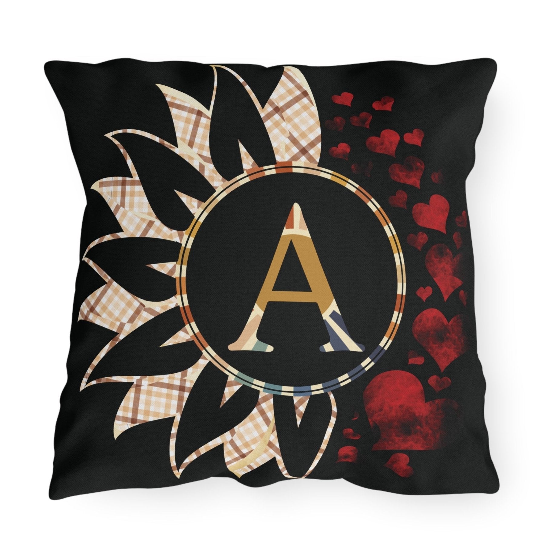 Sunflower & Hearts Outdoor Pillow, Monogram, Black Pillow, Qty 1 (Plaid Vintage-A) - Janlyn's Crafts