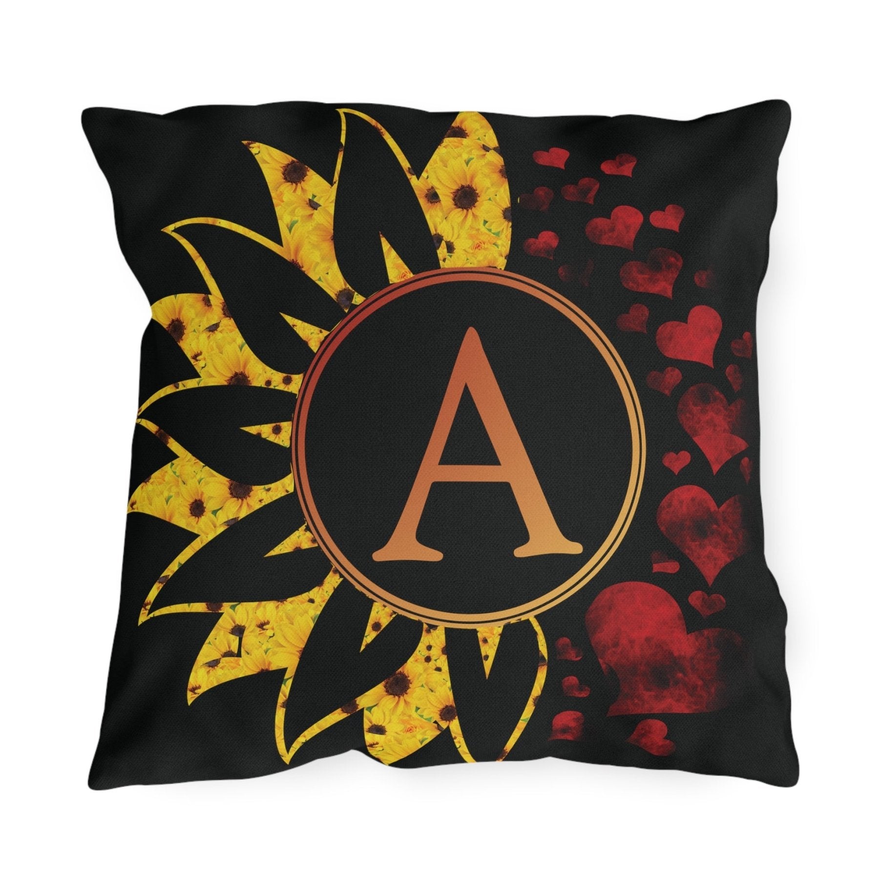 Sunflower & Hearts Outdoor Pillow, Monogram, Black Pillow, Qty 1 (Sunflower-A) - Janlyn's Crafts