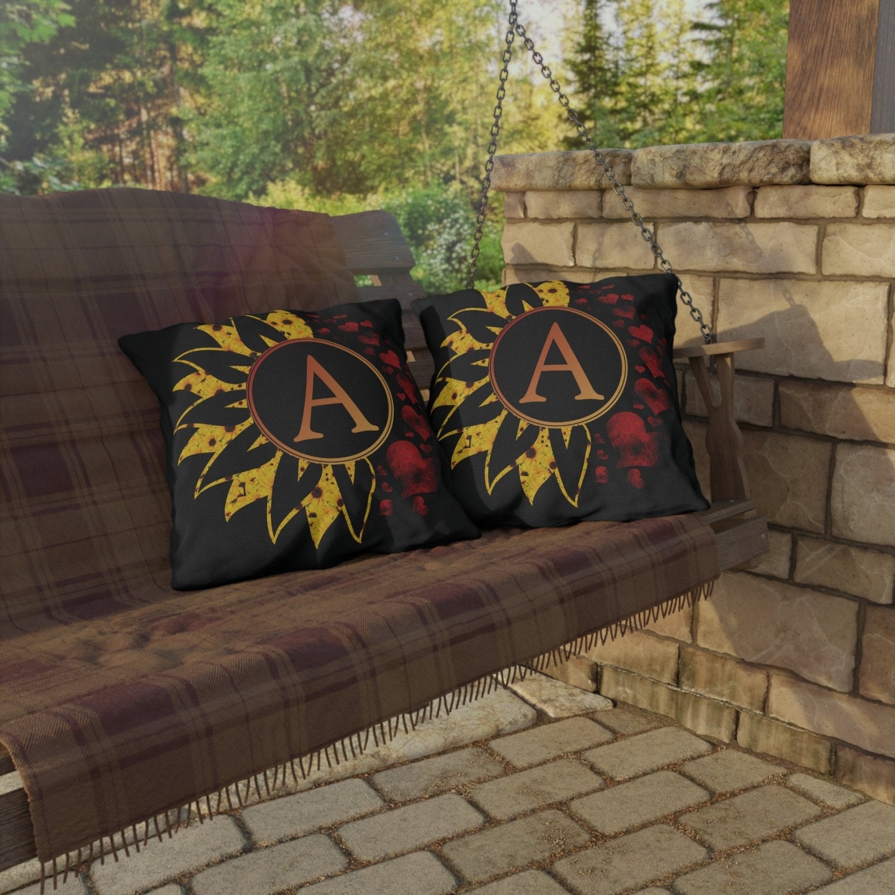 Sunflower & Hearts Outdoor Pillow, Monogram, Black Pillow, Qty 1 (Sunflower-A) - Janlyn's Crafts