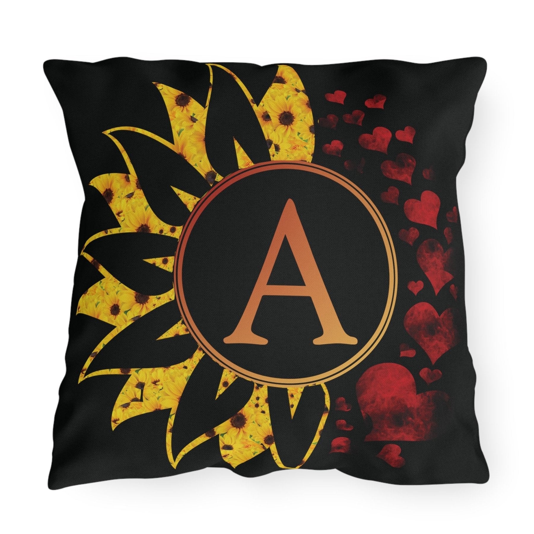 Sunflower & Hearts Outdoor Pillow, Monogram, Black Pillow, Qty 1 (Sunflower-A) - Janlyn's Crafts