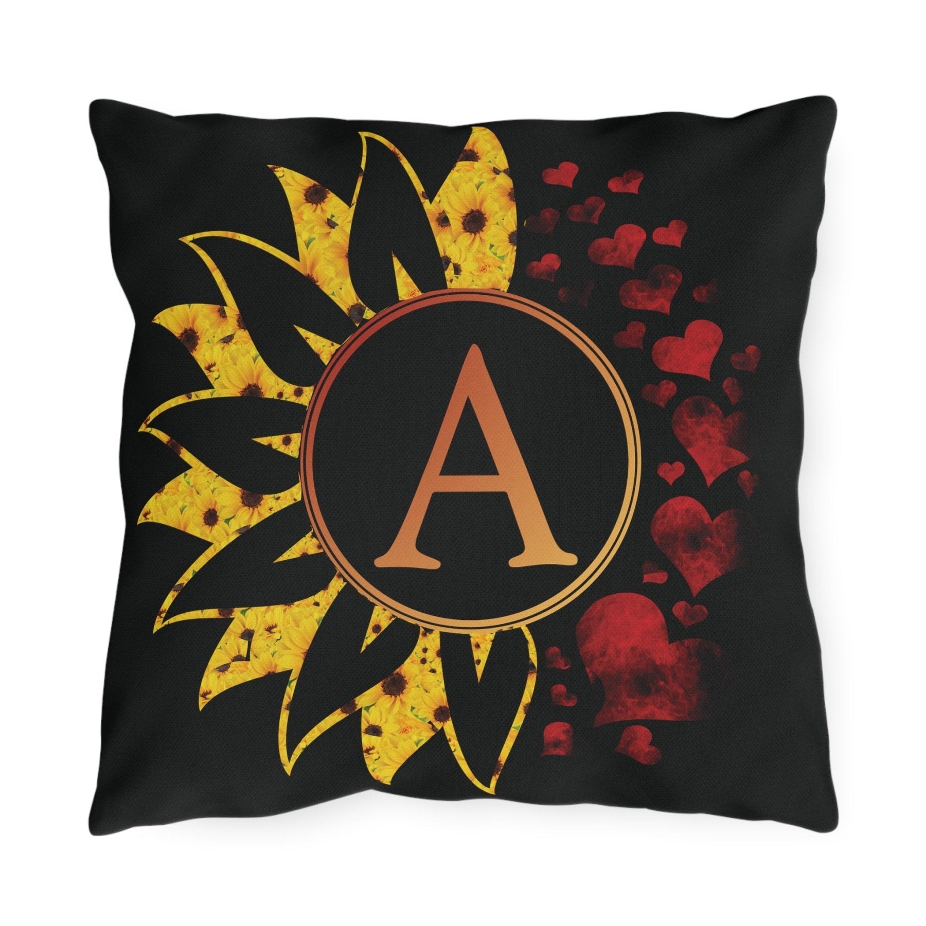 Sunflower & Hearts Outdoor Pillow, Monogram, Black Pillow, Qty 1 (Sunflower-A) - Janlyn's Crafts