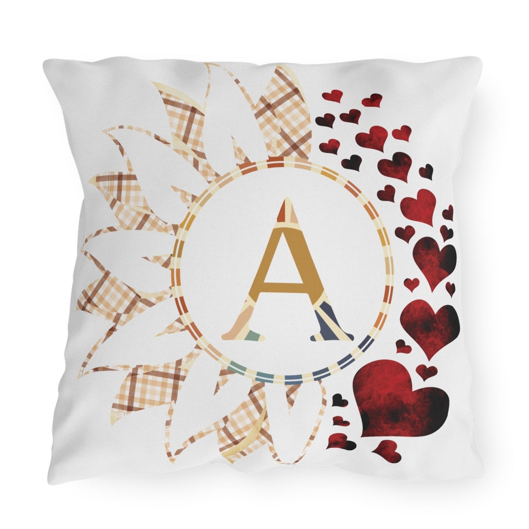 Sunflower & Hearts Outdoor Pillow, Monogram, Qty 1 (Plaid Vintage-A) - Janlyn's Crafts