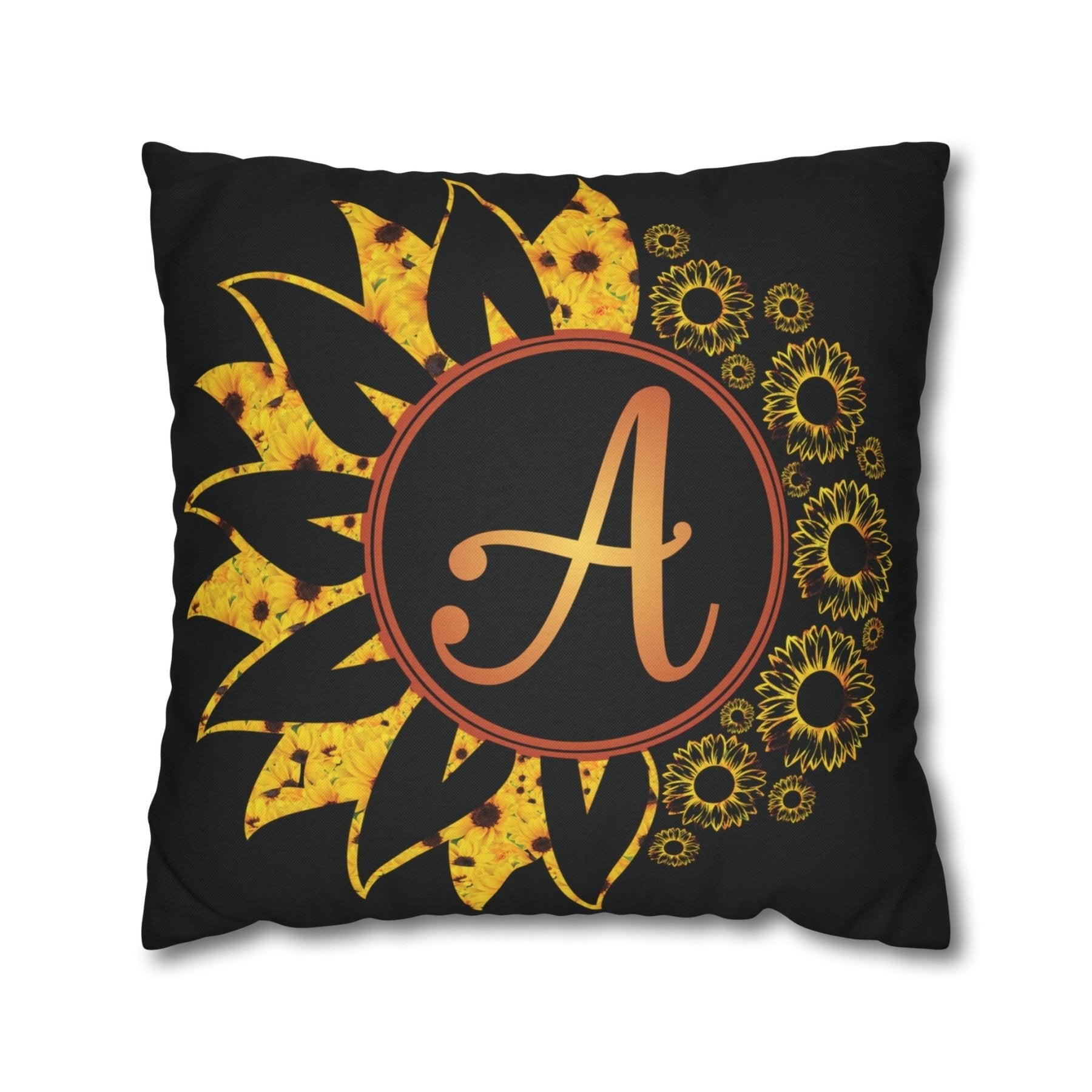 Sunflower Monogram Throw Pillow Cover, Throw Pillow Case, Black Case, Qty 1, (Sunflowers Yellow-A) - Janlyn's Crafts