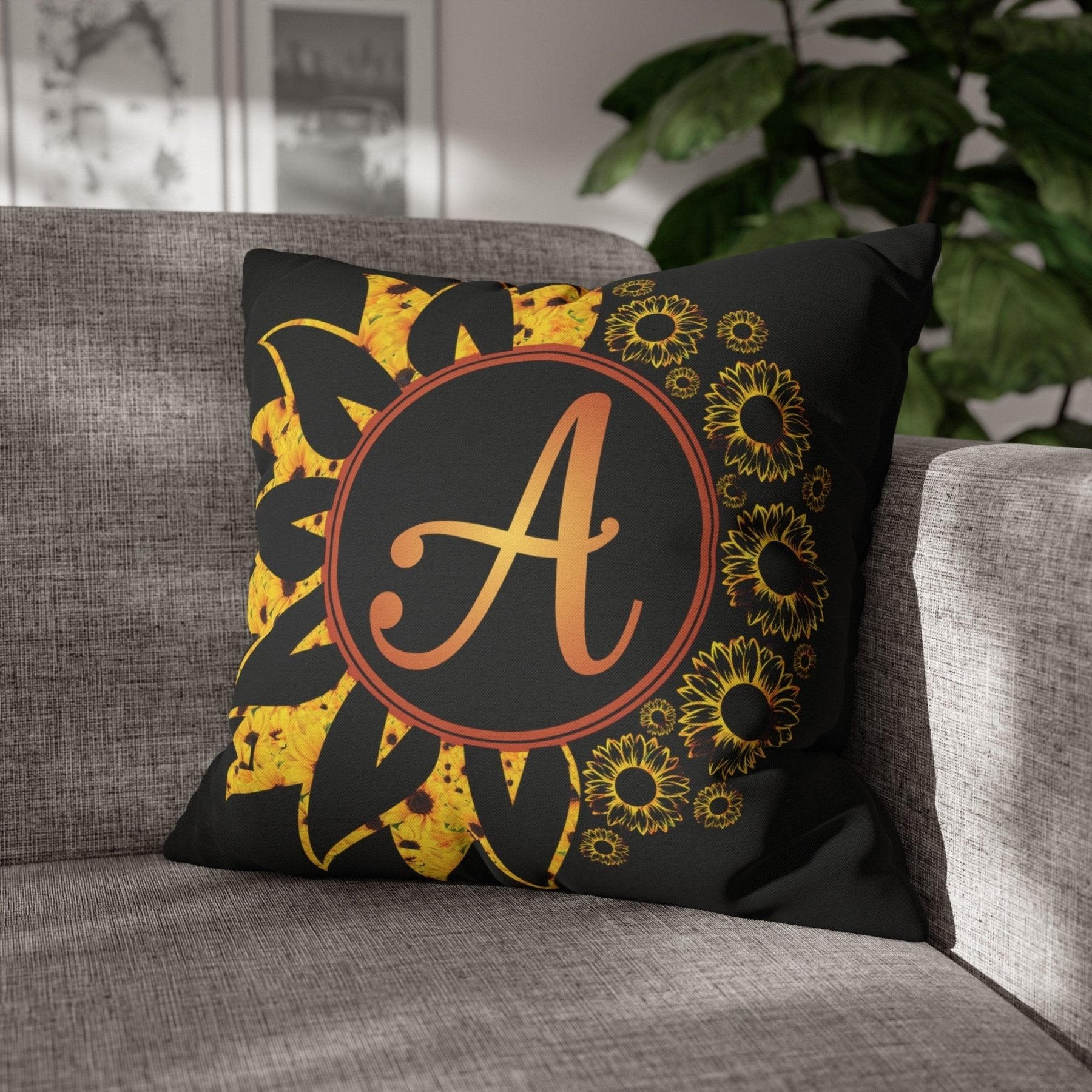 Sunflower Monogram Throw Pillow Cover, Throw Pillow Case, Black Case, Qty 1, (Sunflowers Yellow-A) - Janlyn's Crafts