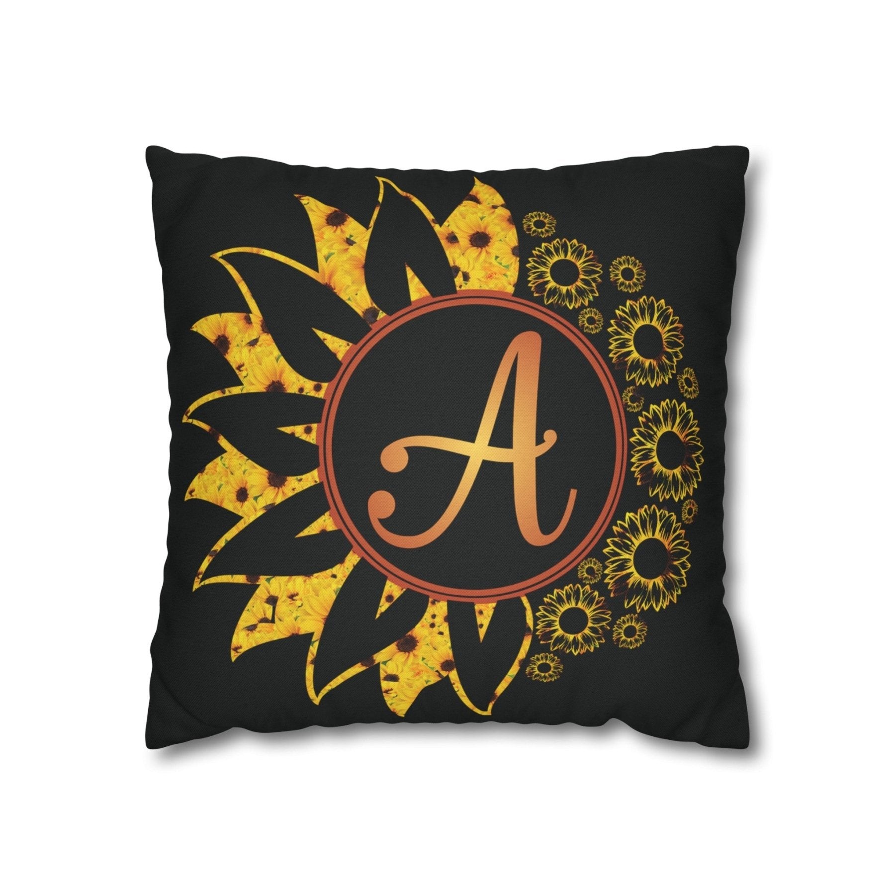 Sunflower Monogram Throw Pillow Cover, Throw Pillow Case, Black Case, Qty 1, (Sunflowers Yellow-A) - Janlyn's Crafts