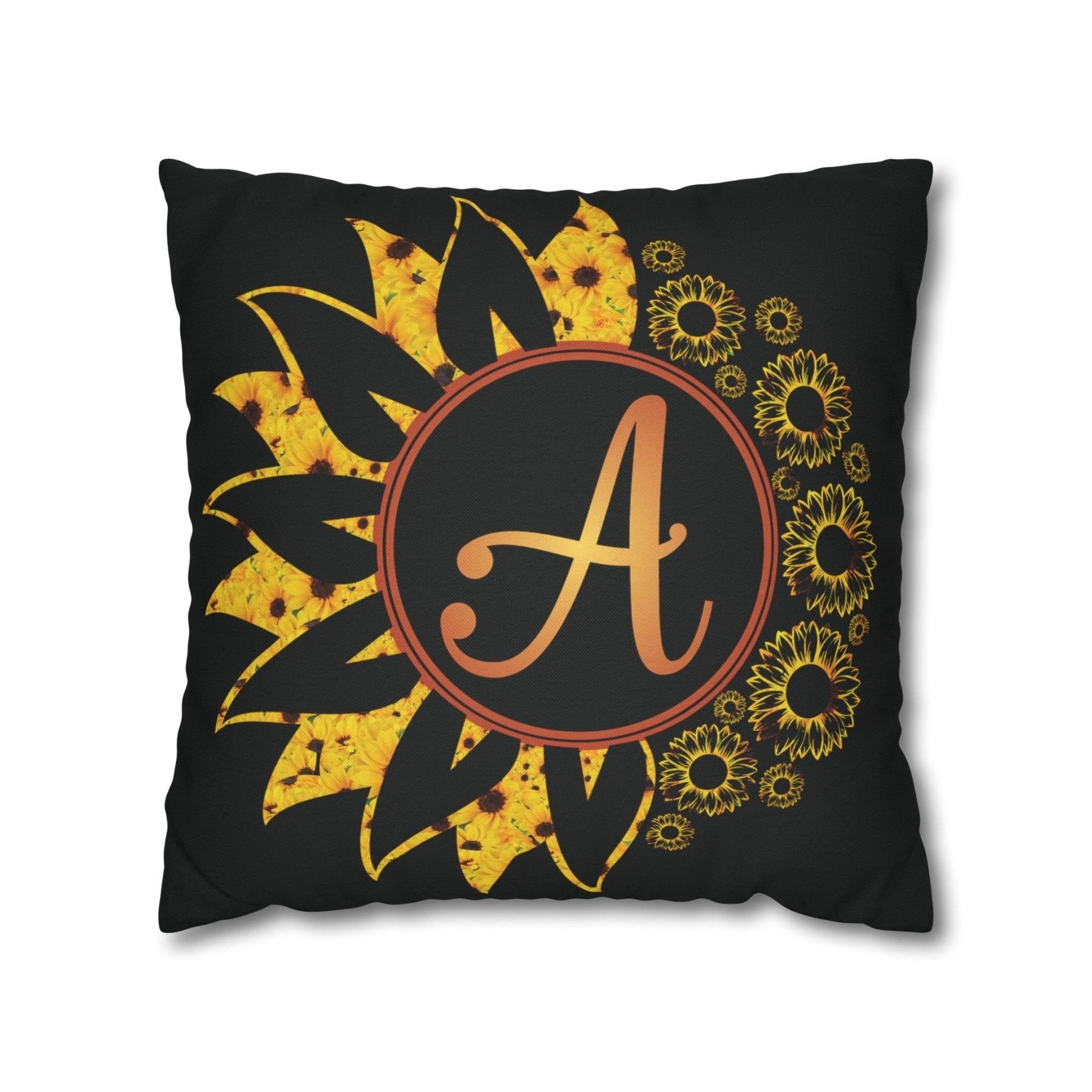 Sunflower Monogram Throw Pillow Cover, Throw Pillow Case, Black Case, Qty 1, (Sunflowers Yellow-A) - Janlyn's Crafts