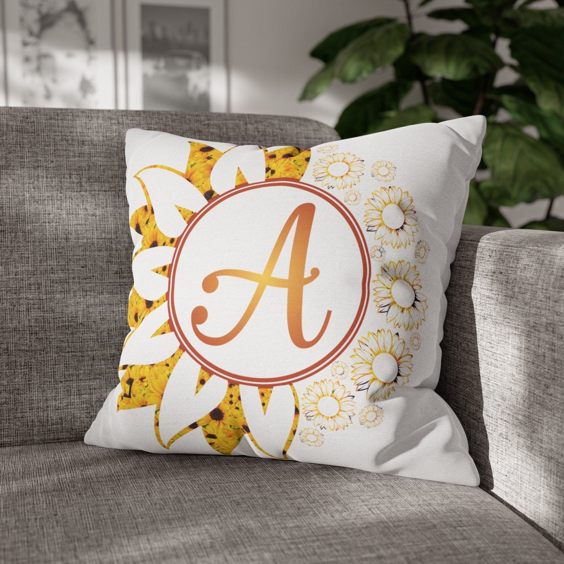 Sunflower Monogram Throw Pillow Cover, Throw Pillow Case, Qty 1, (Sunflowers Yellow-A) - Janlyn's Crafts