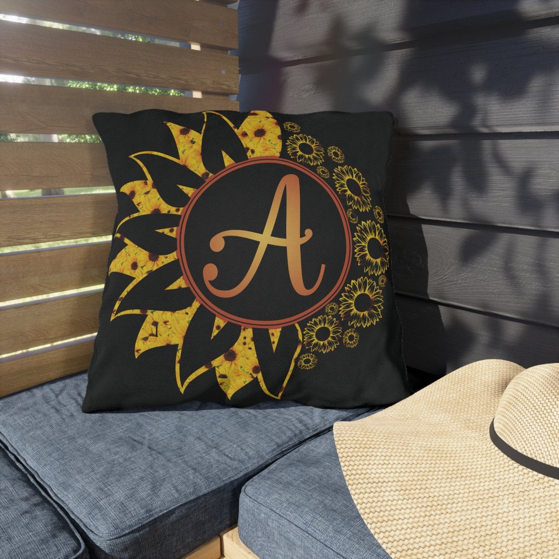 Sunflowers Outdoor Pillow, Monogram, Black Pillow, Qty 1 (Sunflowers Yellow-A) - Janlyn's Crafts