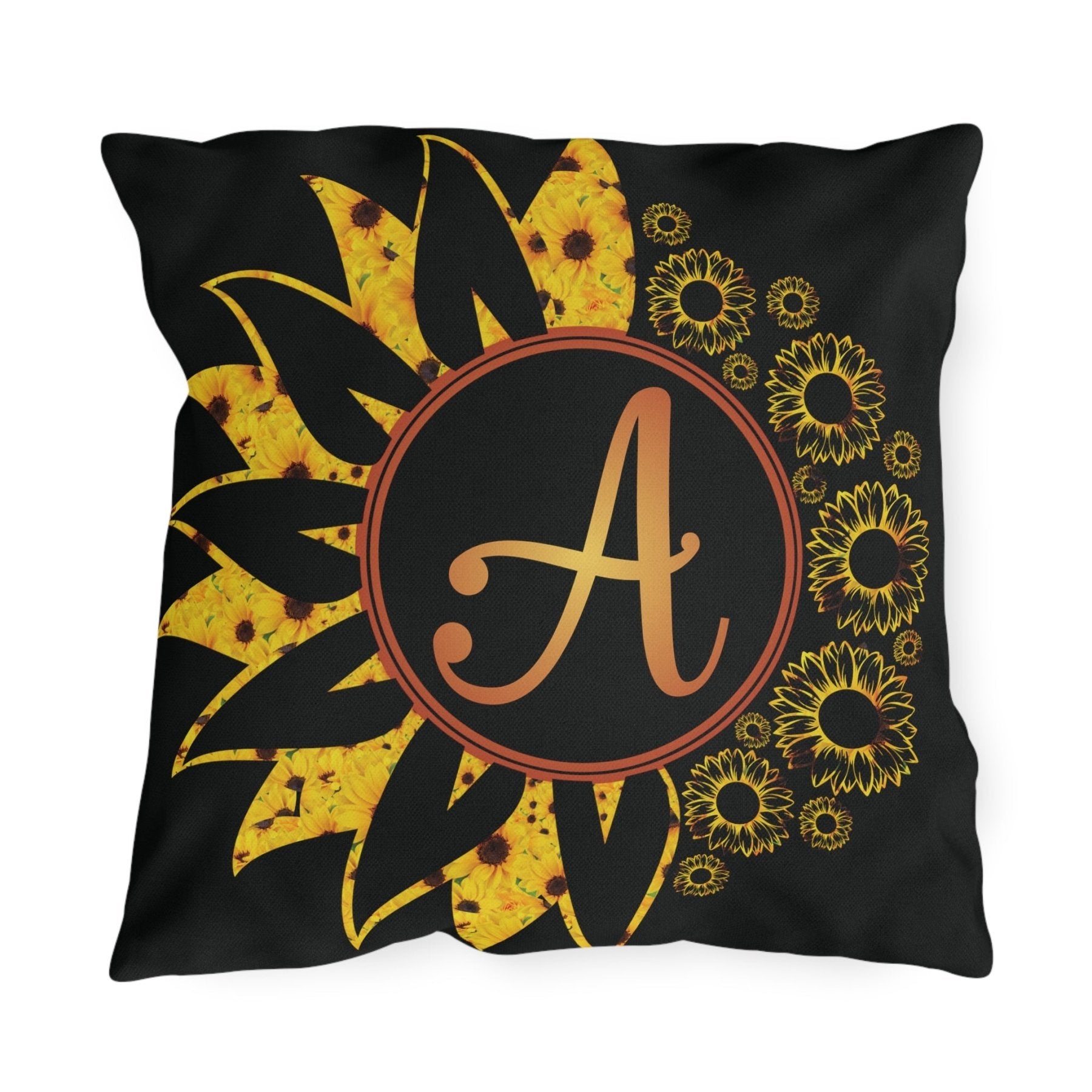 Sunflowers Outdoor Pillow, Monogram, Black Pillow, Qty 1 (Sunflowers Yellow-A) - Janlyn's Crafts