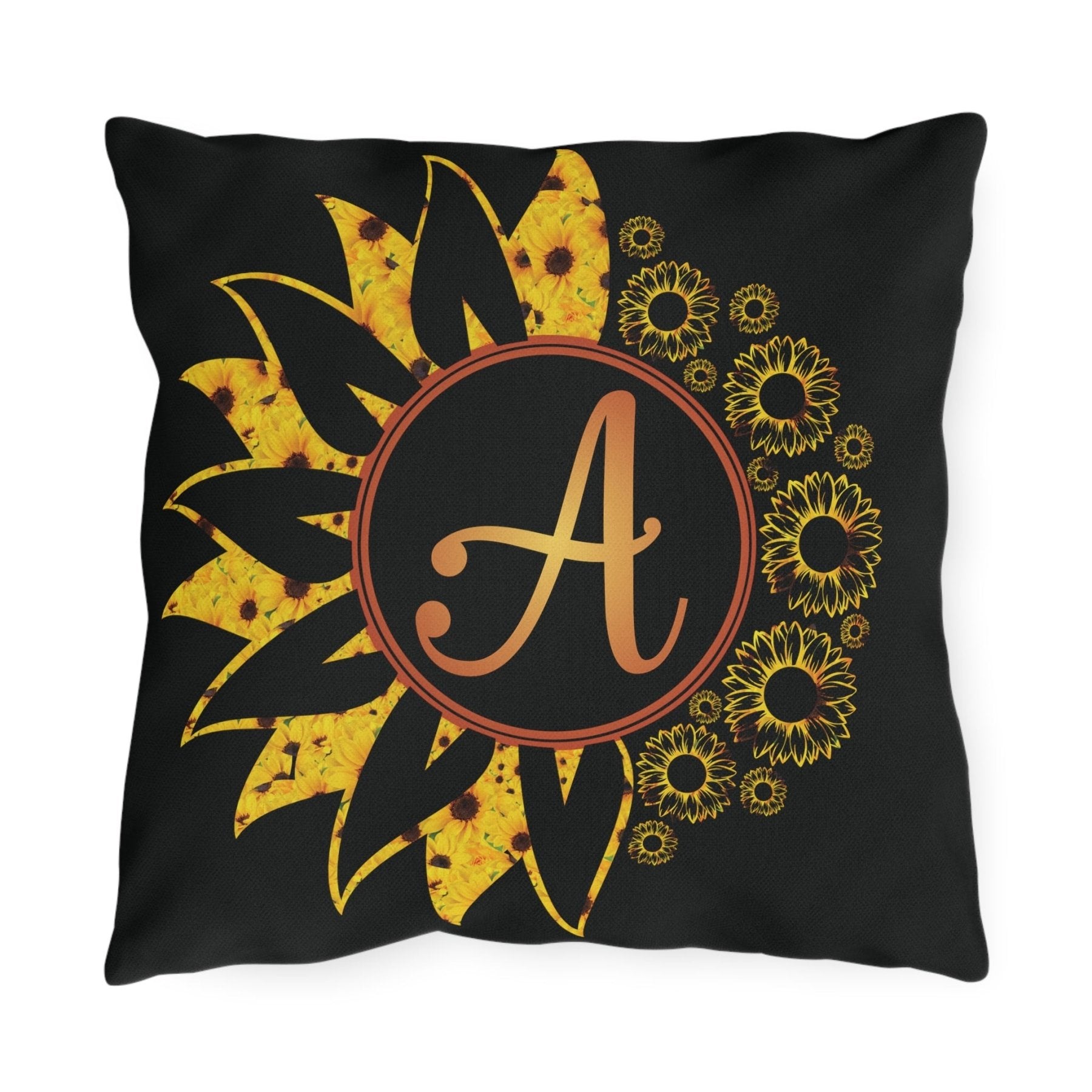 Sunflowers Outdoor Pillow, Monogram, Black Pillow, Qty 1 (Sunflowers Yellow-A) - Janlyn's Crafts