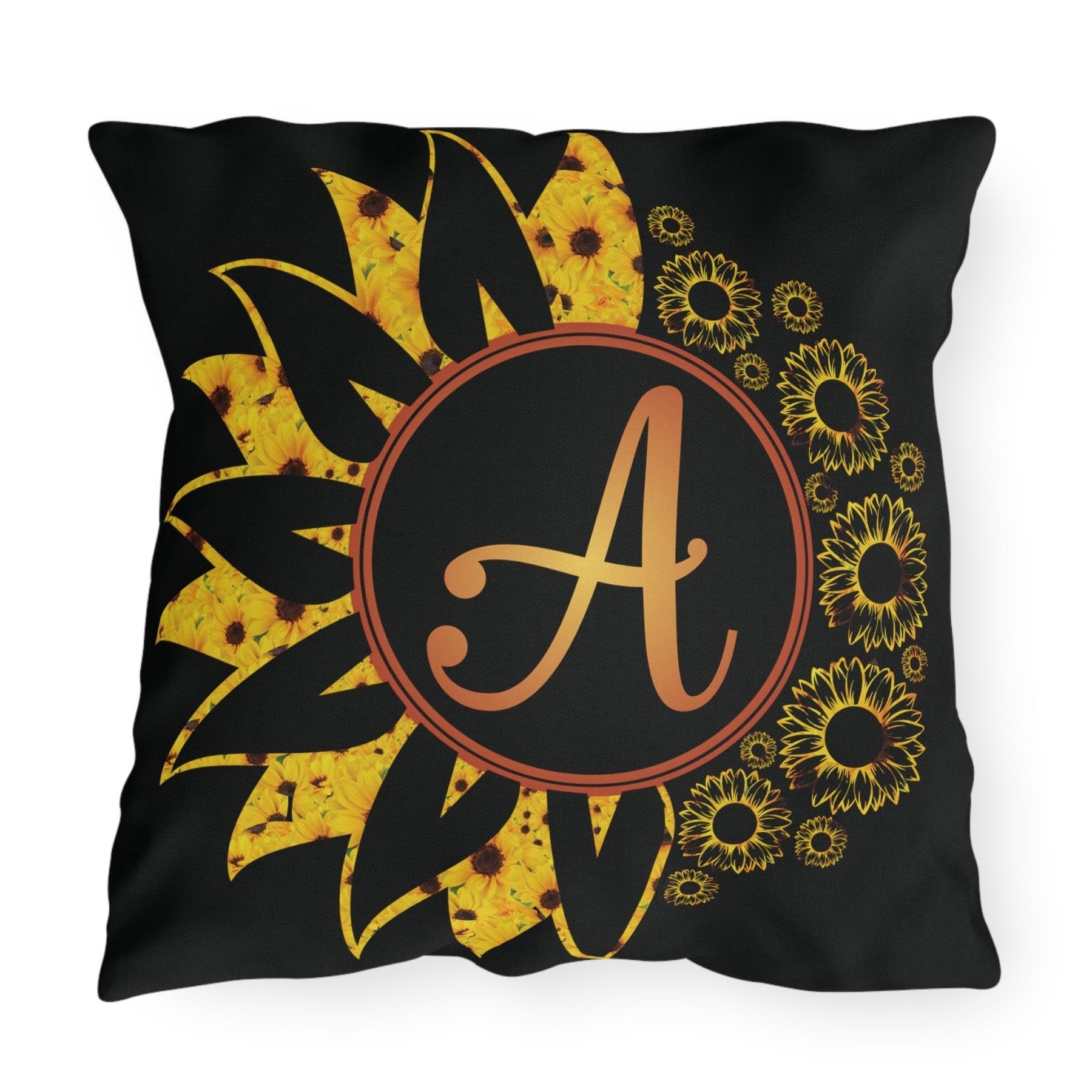 Sunflowers Outdoor Pillow, Monogram, Black Pillow, Qty 1 (Sunflowers Yellow-A) - Janlyn's Crafts