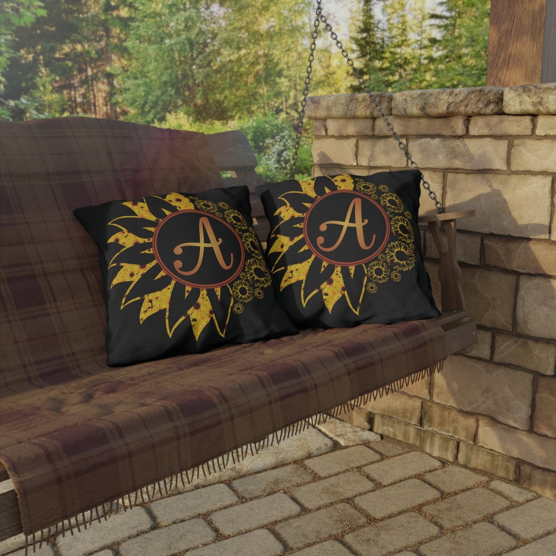 Sunflowers Outdoor Pillow, Monogram, Black Pillow, Qty 1 (Sunflowers Yellow-A) - Janlyn's Crafts