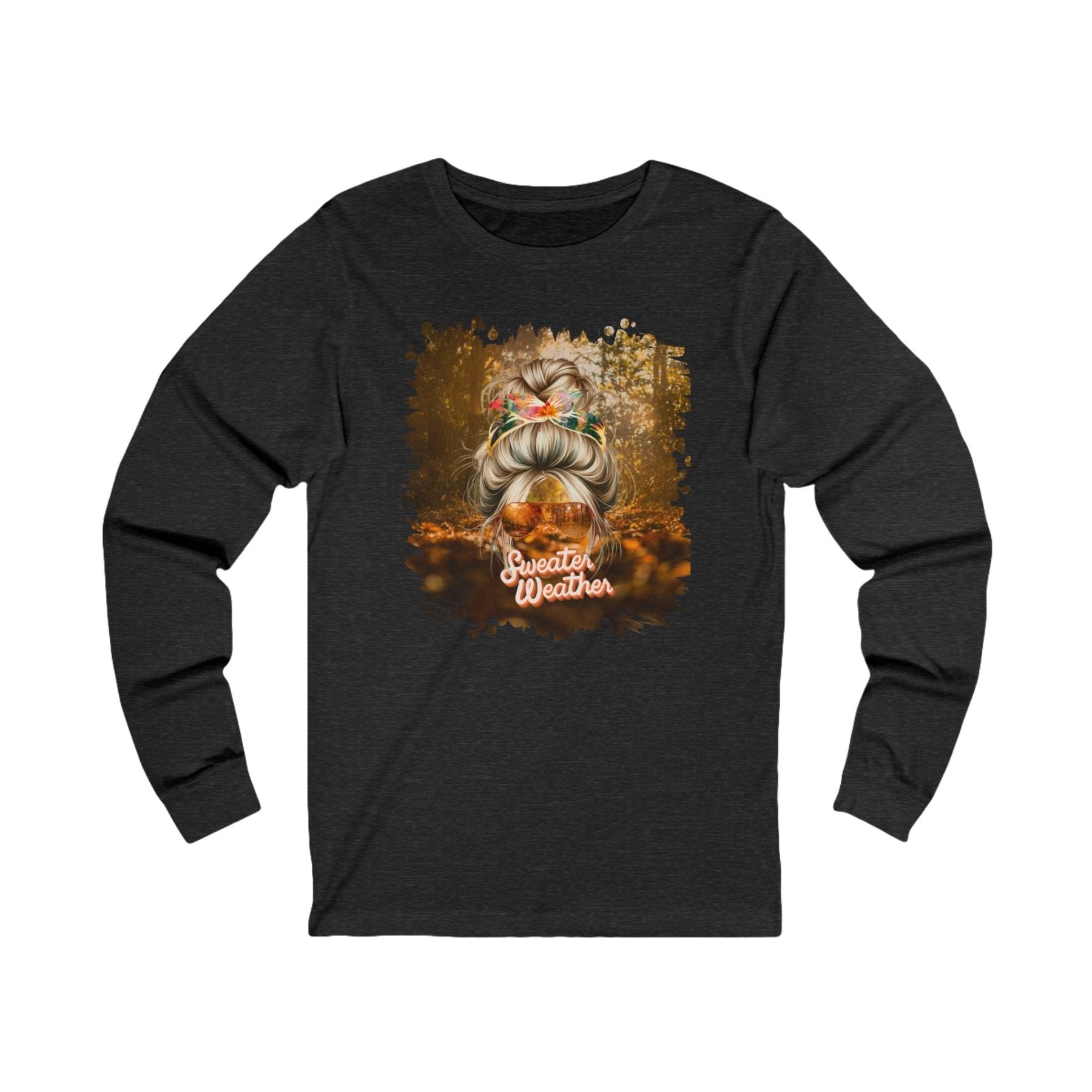 Sweater Weather Fall Forest, Blond Hair Messy Bun, Unisex Jersey Long Sleeve Tee - Janlyn's Crafts