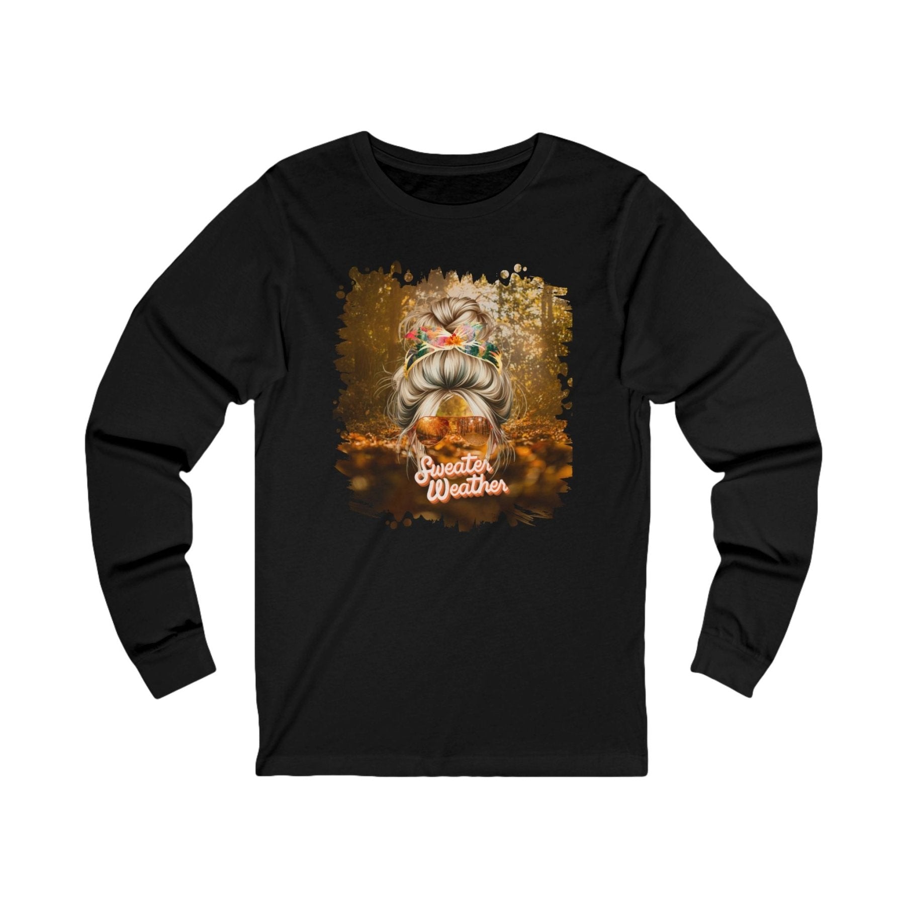 Sweater Weather Fall Forest, Blond Hair Messy Bun, Unisex Jersey Long Sleeve Tee - Janlyn's Crafts