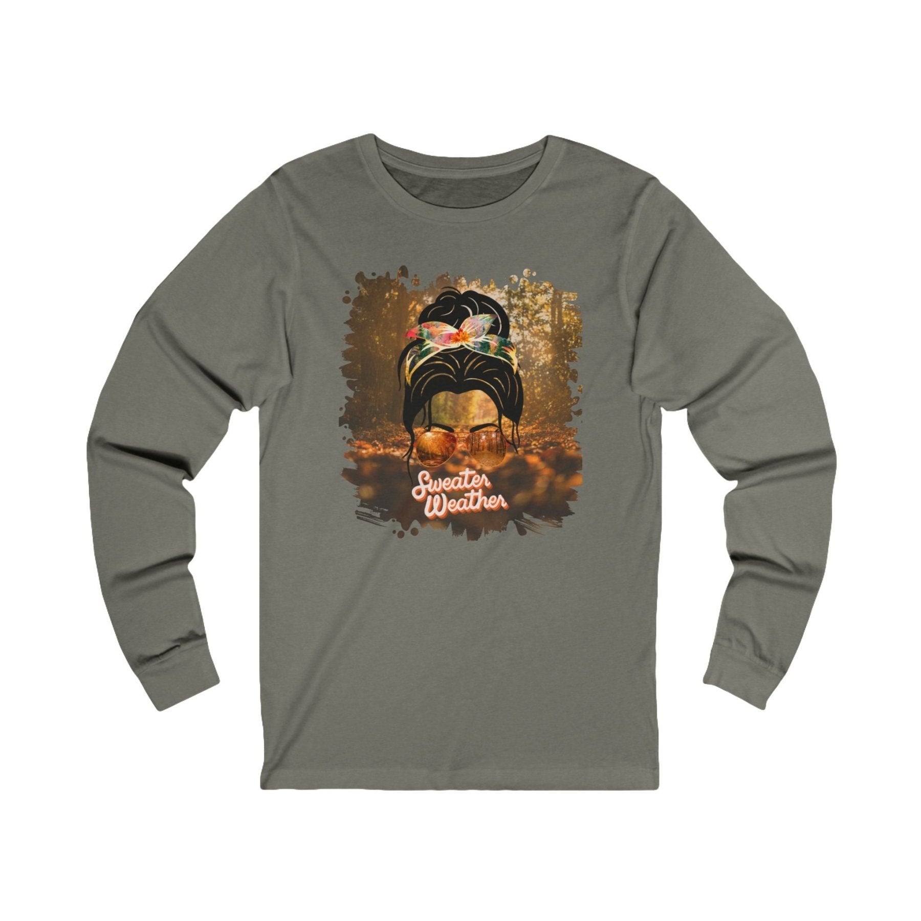 Sweater Weather Fall Forest, Dark Hair Messy Bun, Unisex Jersey Long Sleeve Tee - Janlyn's Crafts