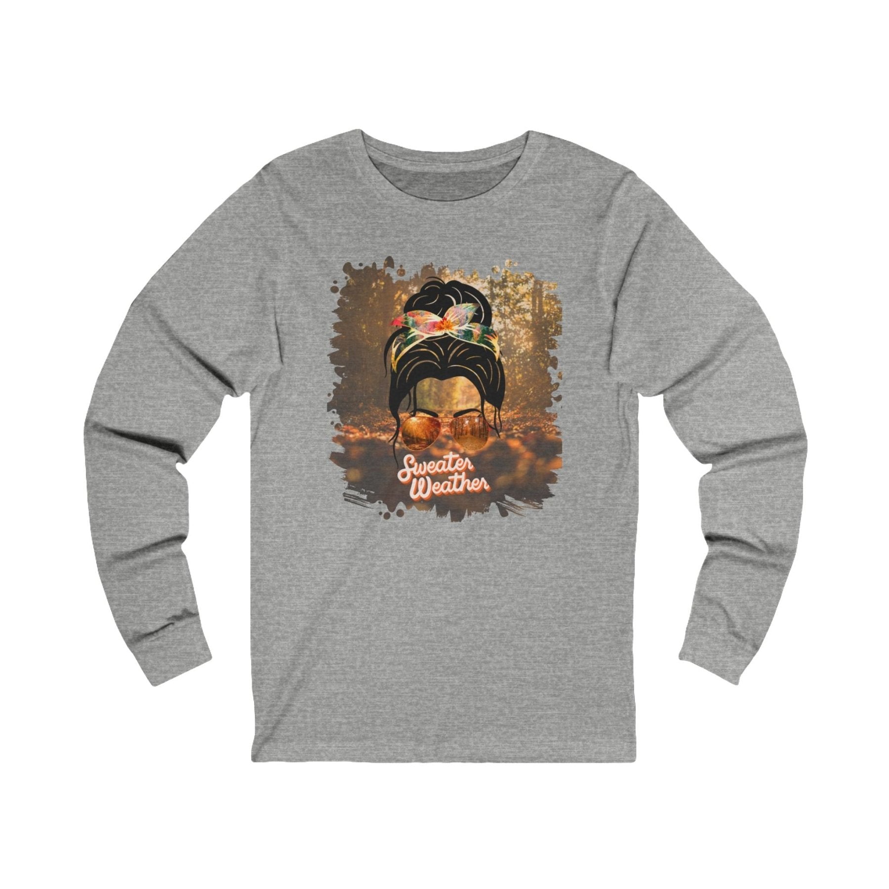 Sweater Weather Fall Forest, Dark Hair Messy Bun, Unisex Jersey Long Sleeve Tee - Janlyn's Crafts