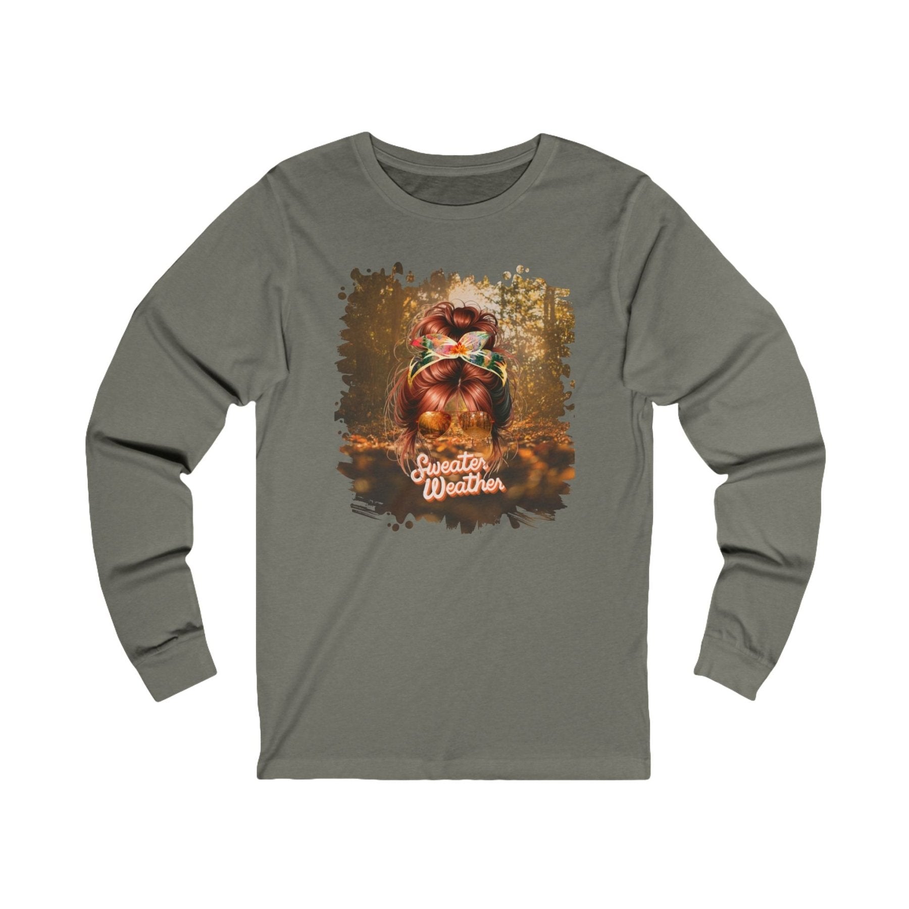 Sweater Weather Fall Forest, Red Hair Messy Bun, Unisex Jersey Long Sleeve Tee - Janlyn's Crafts