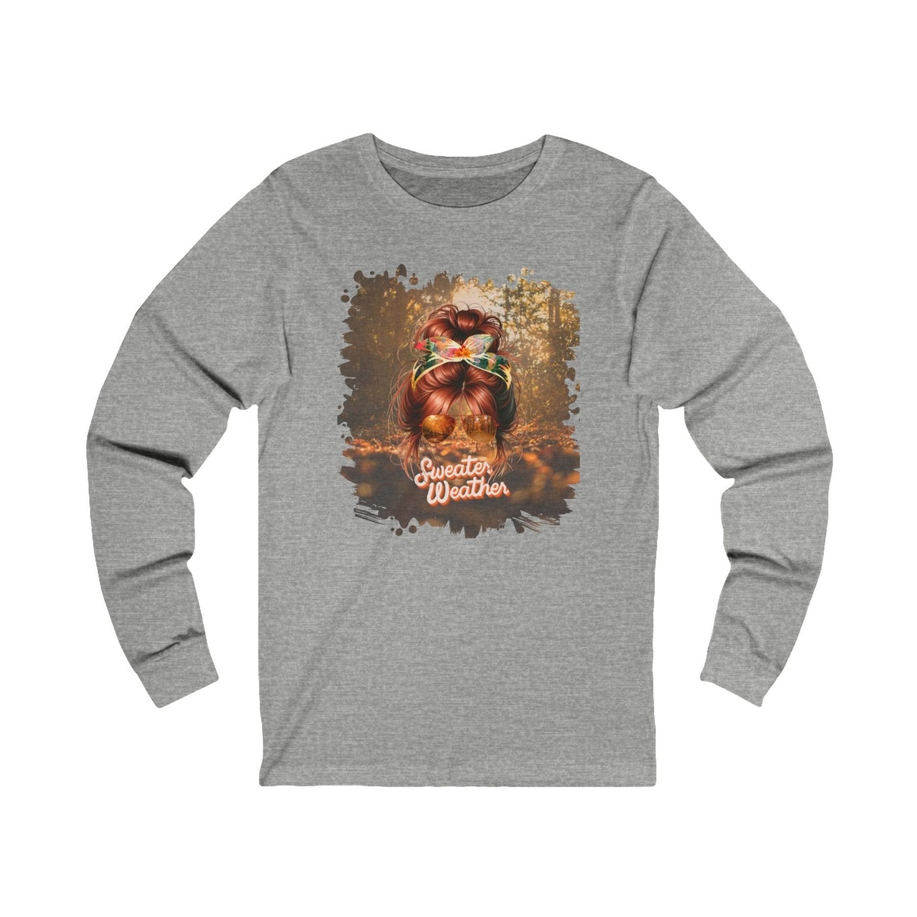 Sweater Weather Fall Forest, Red Hair Messy Bun, Unisex Jersey Long Sleeve Tee - Janlyn's Crafts