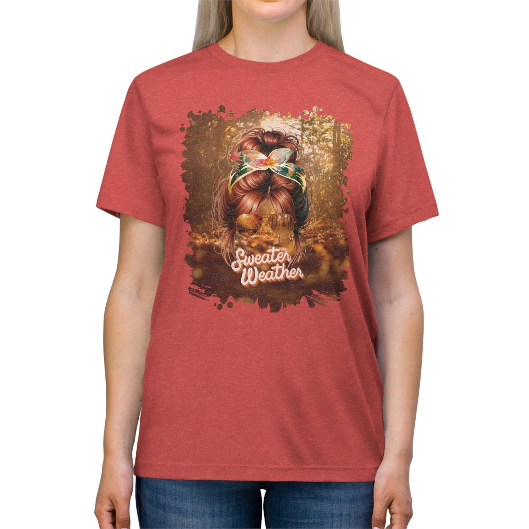 Sweater Weather Fall Forest, Red Hair Messy Bun, Unisex Triblend T - Shirt - Janlyn's Crafts