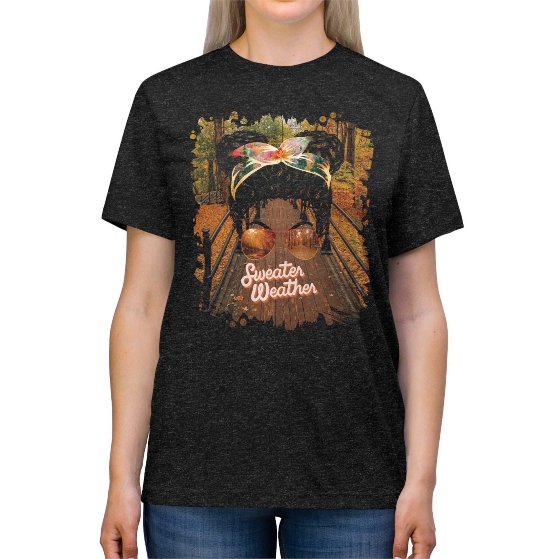 Sweater Weather Fall Hike, Black Hair Messy Bun, Unisex Triblend T - Shirt - Janlyn's Crafts