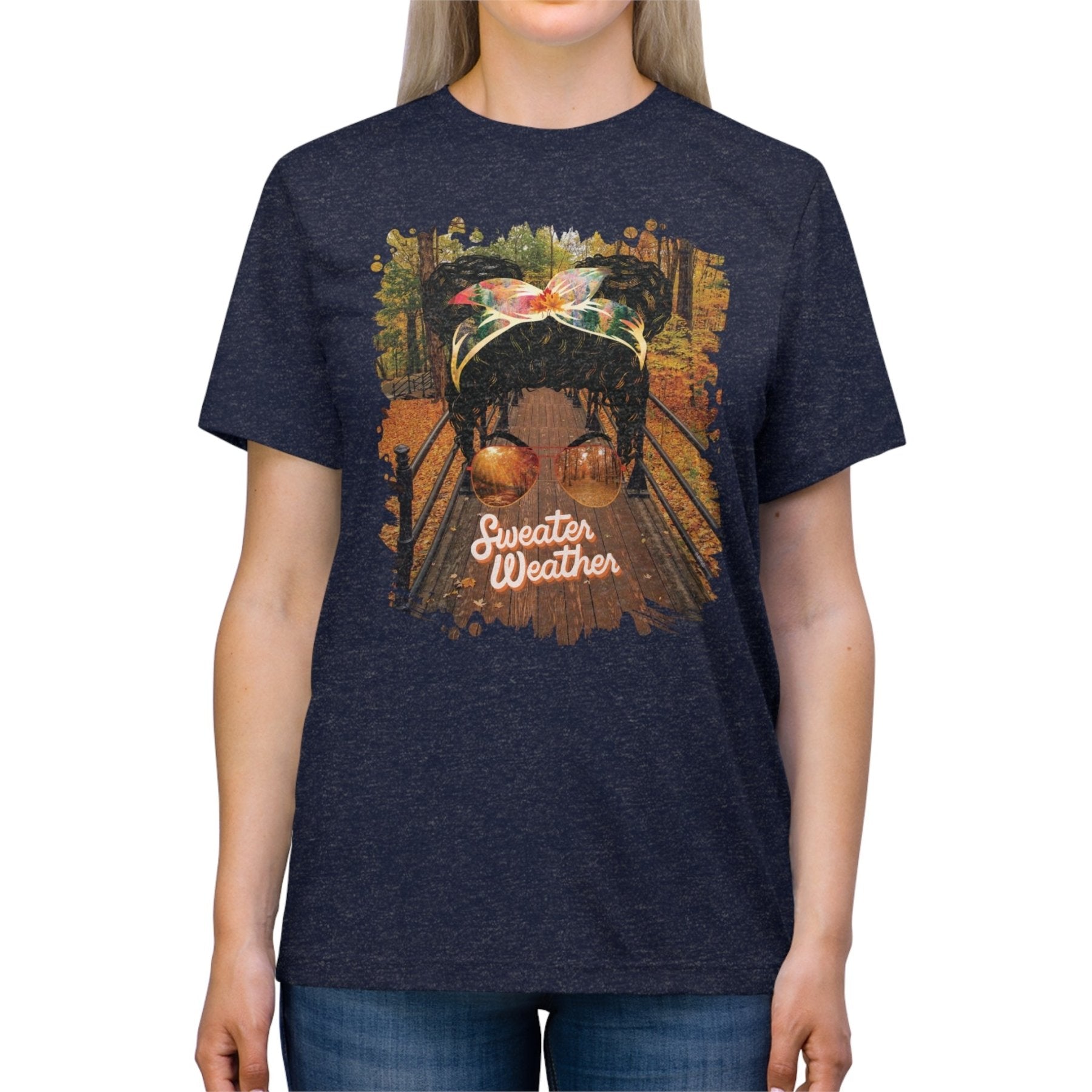 Sweater Weather Fall Hike, Black Hair Messy Bun, Unisex Triblend T - Shirt - Janlyn's Crafts