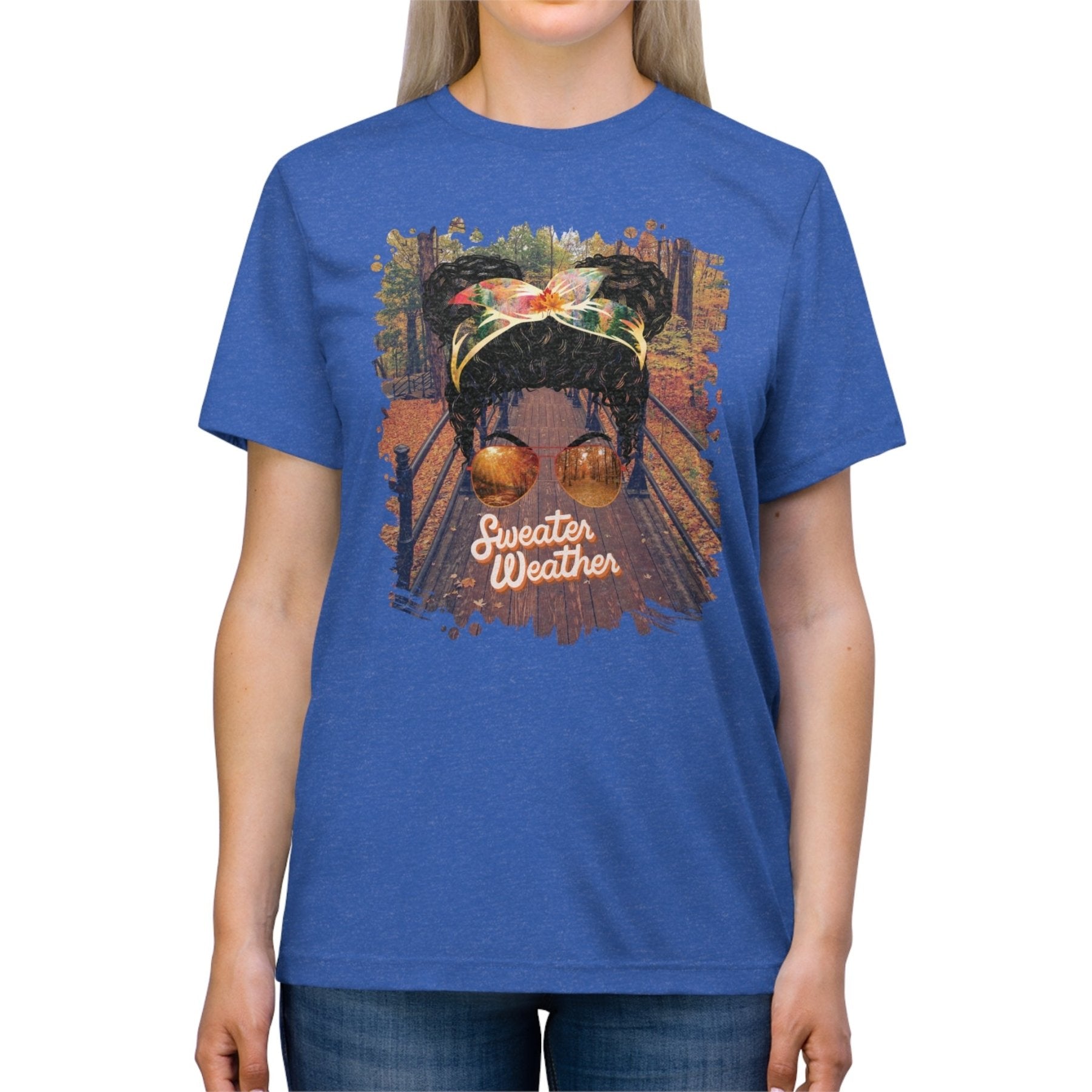 Sweater Weather Fall Hike, Black Hair Messy Bun, Unisex Triblend T - Shirt - Janlyn's Crafts