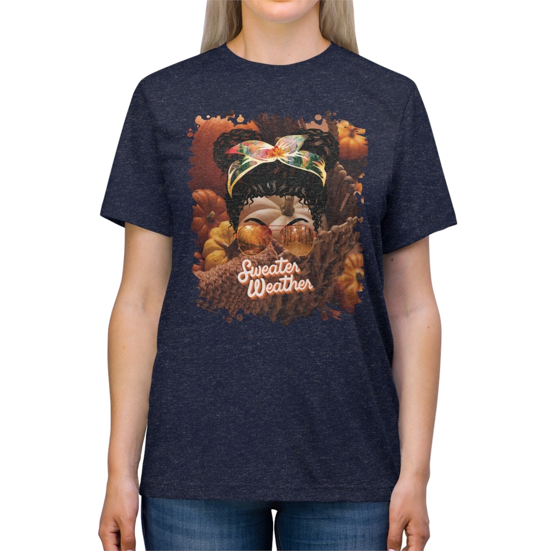 Sweater Weather Fall Pumpkins, Black Hair Messy Bun, Unisex Triblend T - Shirt - Janlyn's Crafts