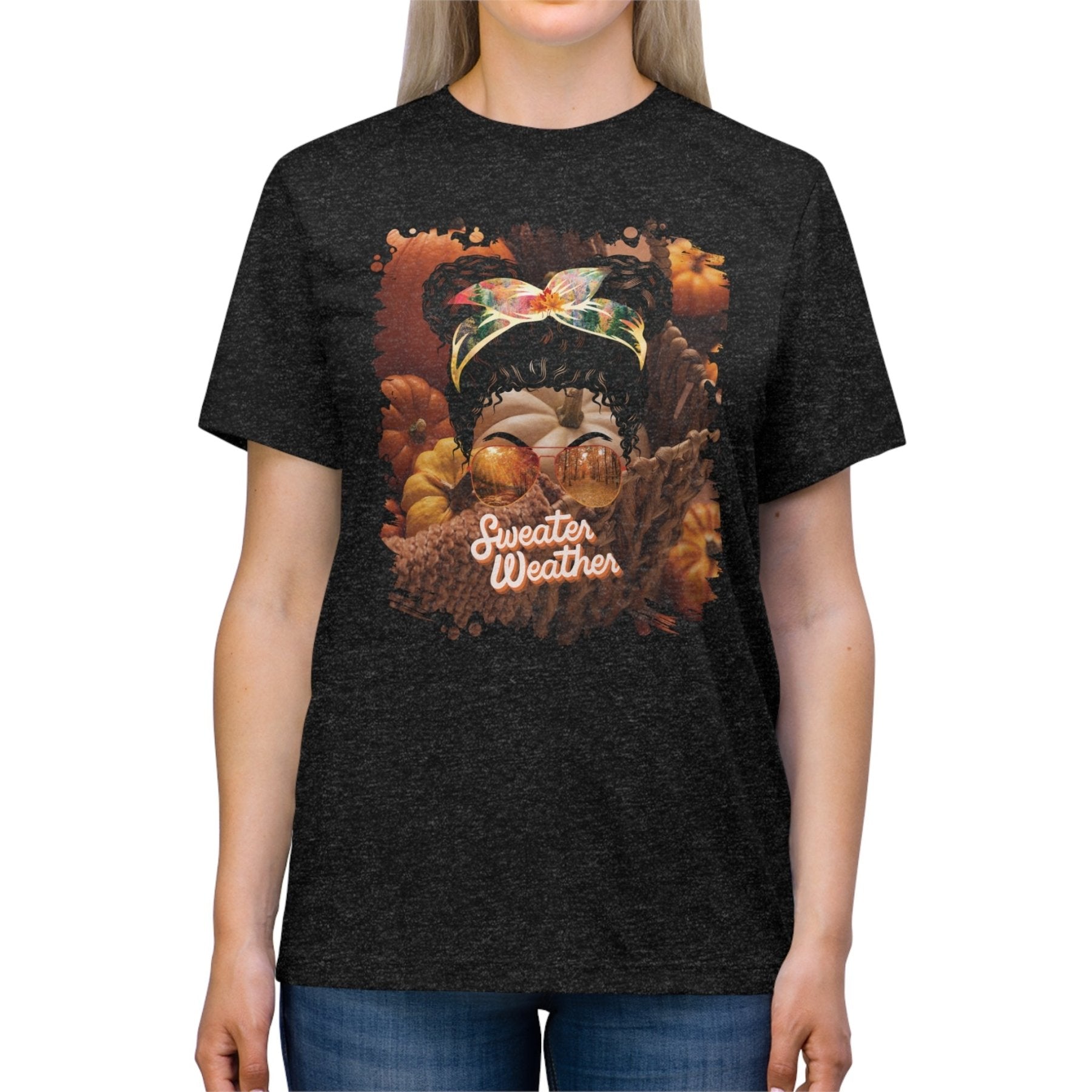 Sweater Weather Fall Pumpkins, Black Hair Messy Bun, Unisex Triblend T - Shirt - Janlyn's Crafts