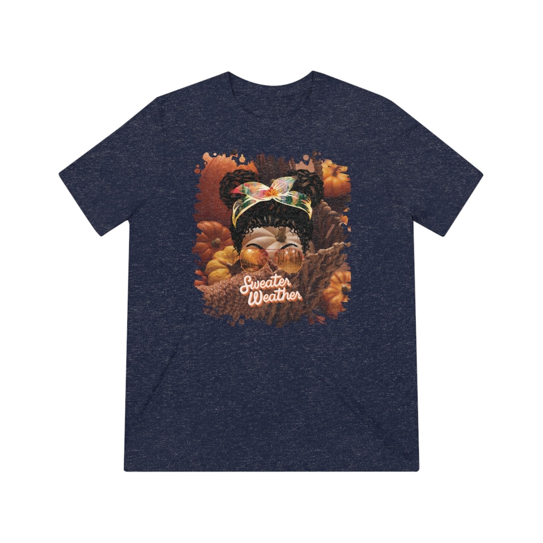 Sweater Weather Fall Pumpkins, Black Hair Messy Bun, Unisex Triblend T - Shirt - Janlyn's Crafts