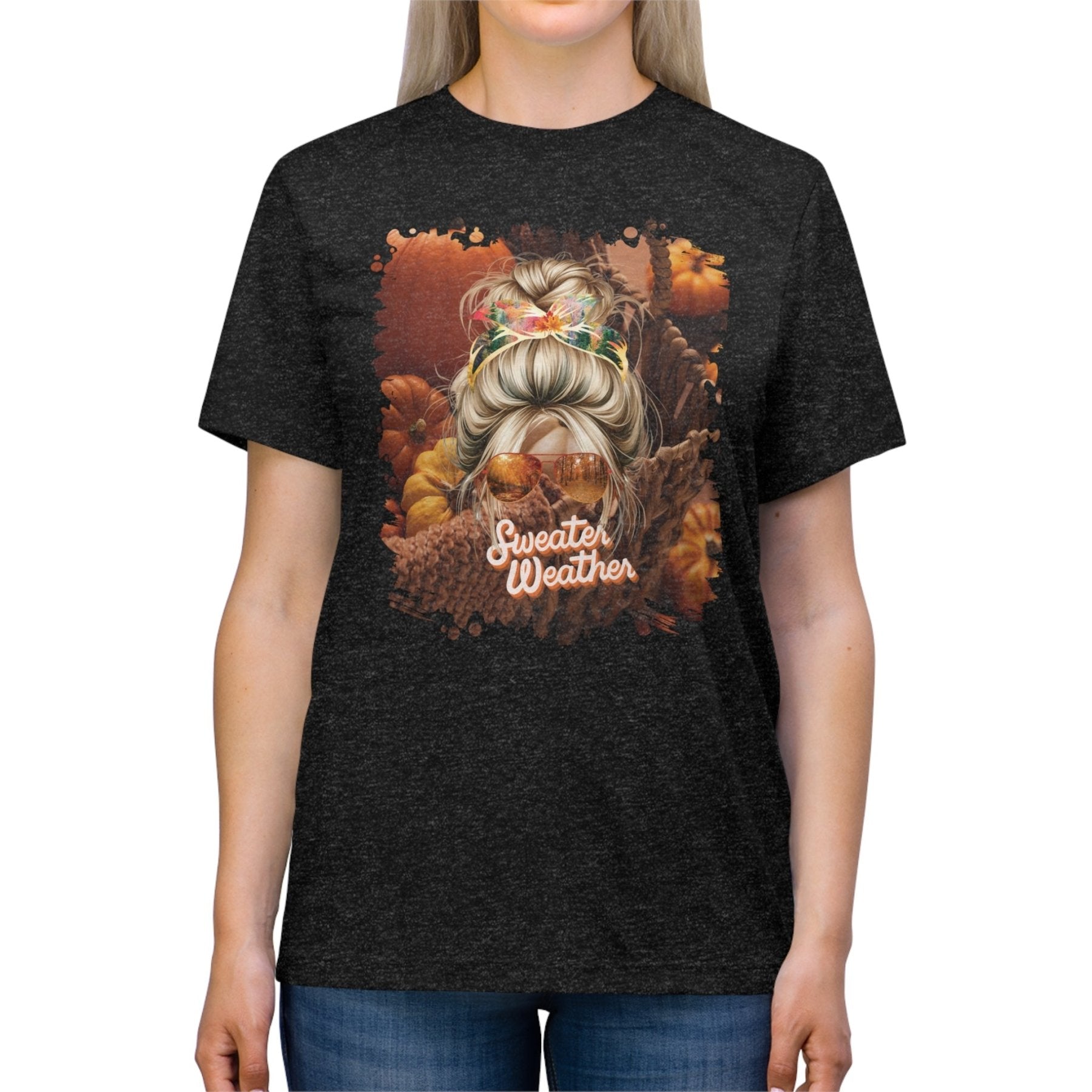 Sweater Weather Fall Pumpkins, Blond Hair Messy Bun, Unisex Triblend T - Shirt - Janlyn's Crafts