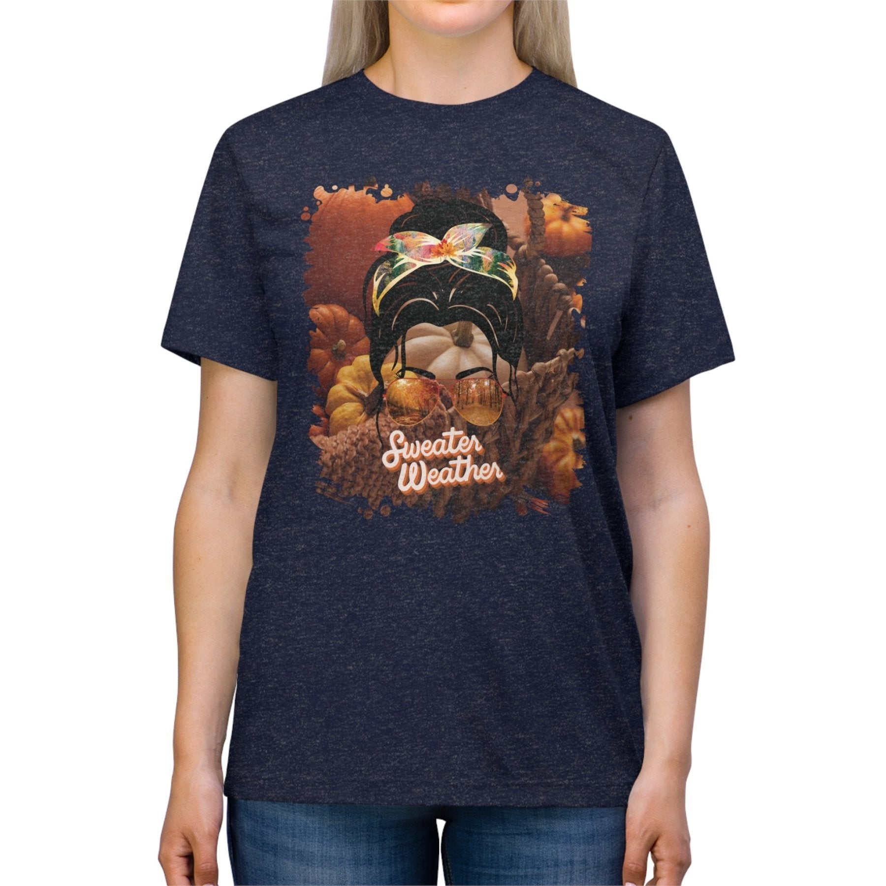 Sweater Weather Fall Pumpkins, Dark Hair Messy Bun, Unisex Triblend T - Shirt - Janlyn's Crafts