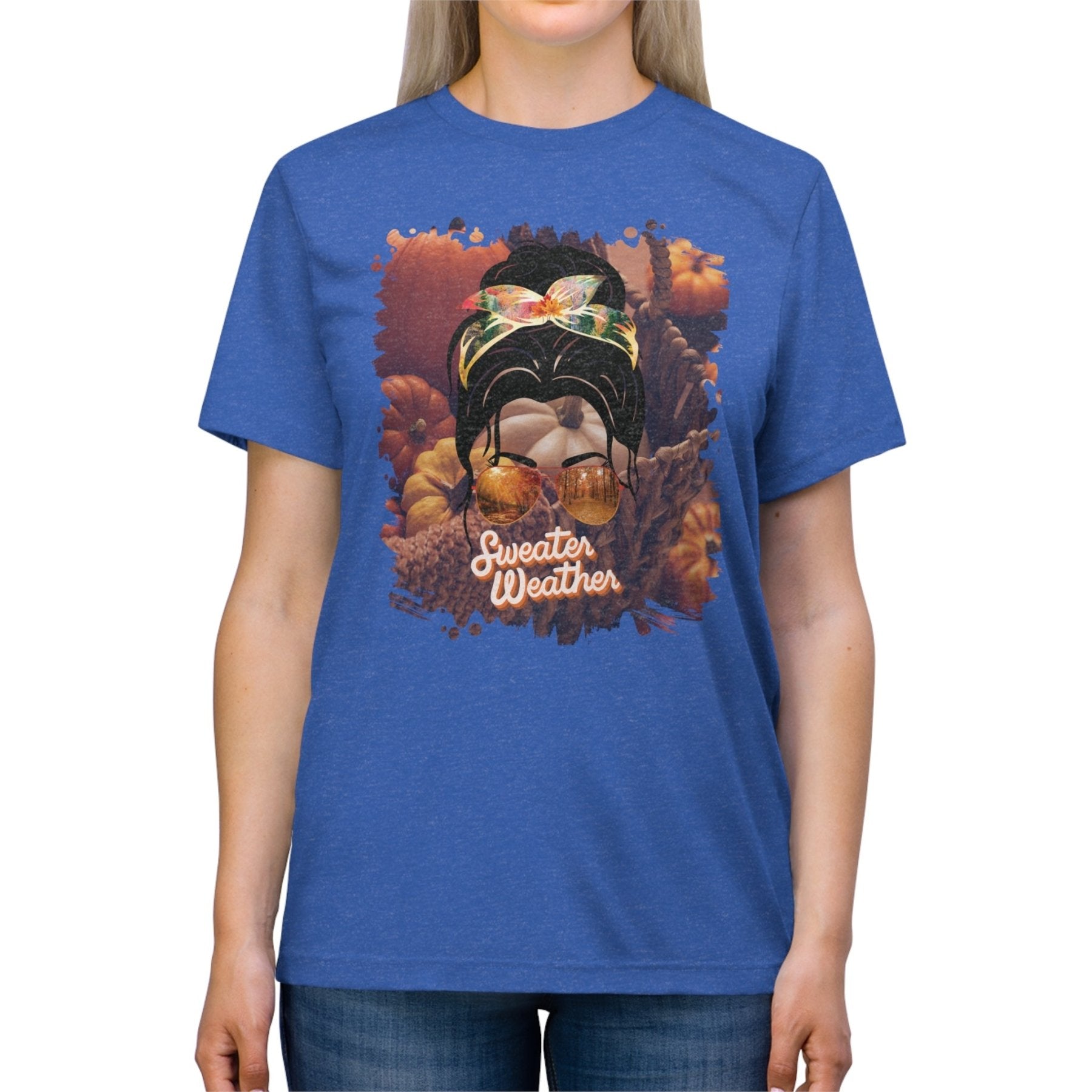 Sweater Weather Fall Pumpkins, Dark Hair Messy Bun, Unisex Triblend T - Shirt - Janlyn's Crafts