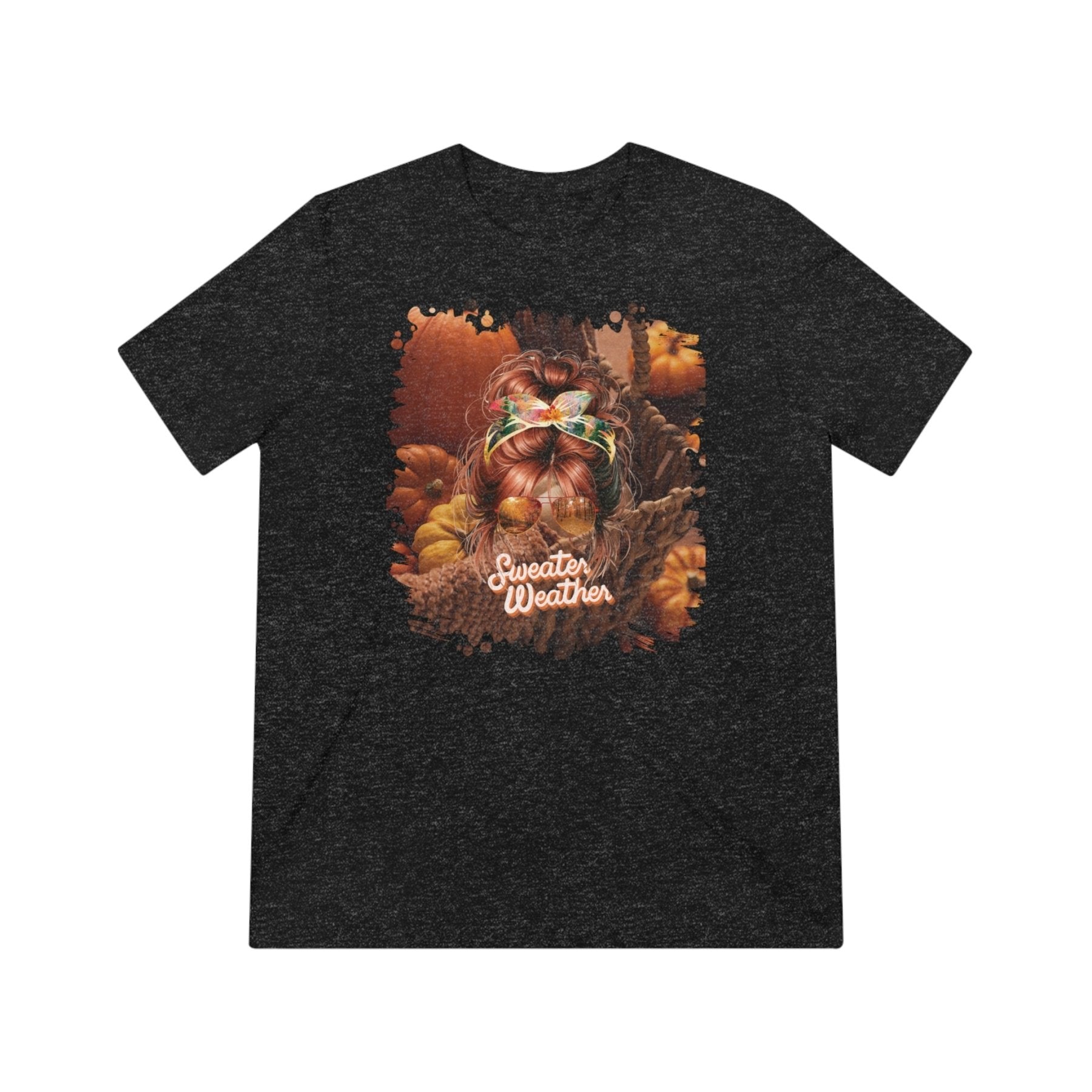 Sweater Weather Fall Pumpkins, Red Hair Messy Bun, Unisex Triblend T - Shirt - Janlyn's Crafts