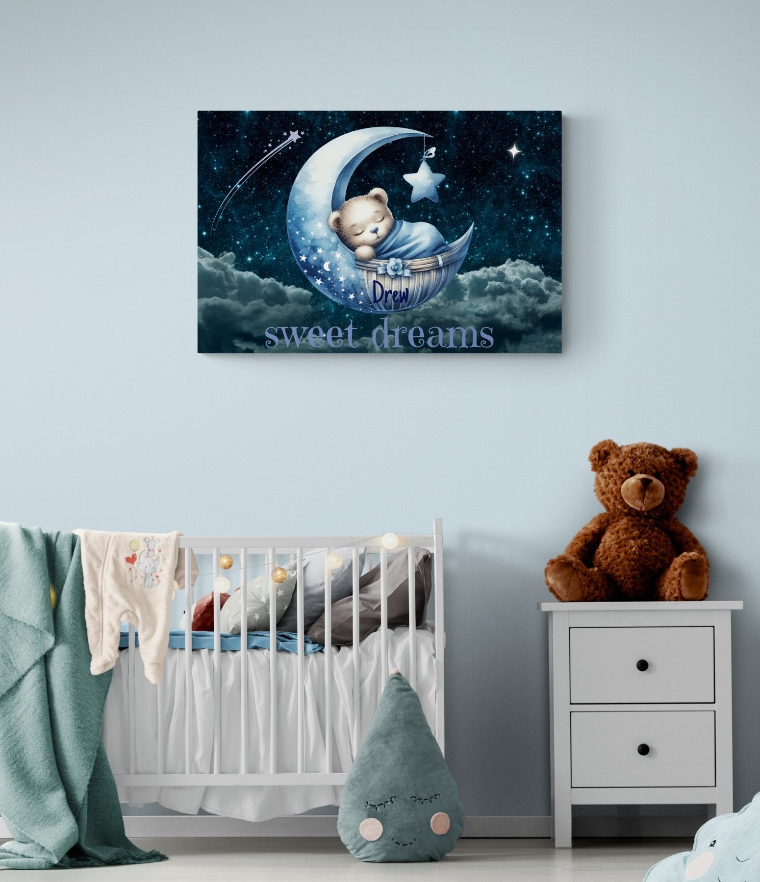 Sweet Dreams, Personalized Sleeping Bear on Moon, Blue - Janlyn's Crafts